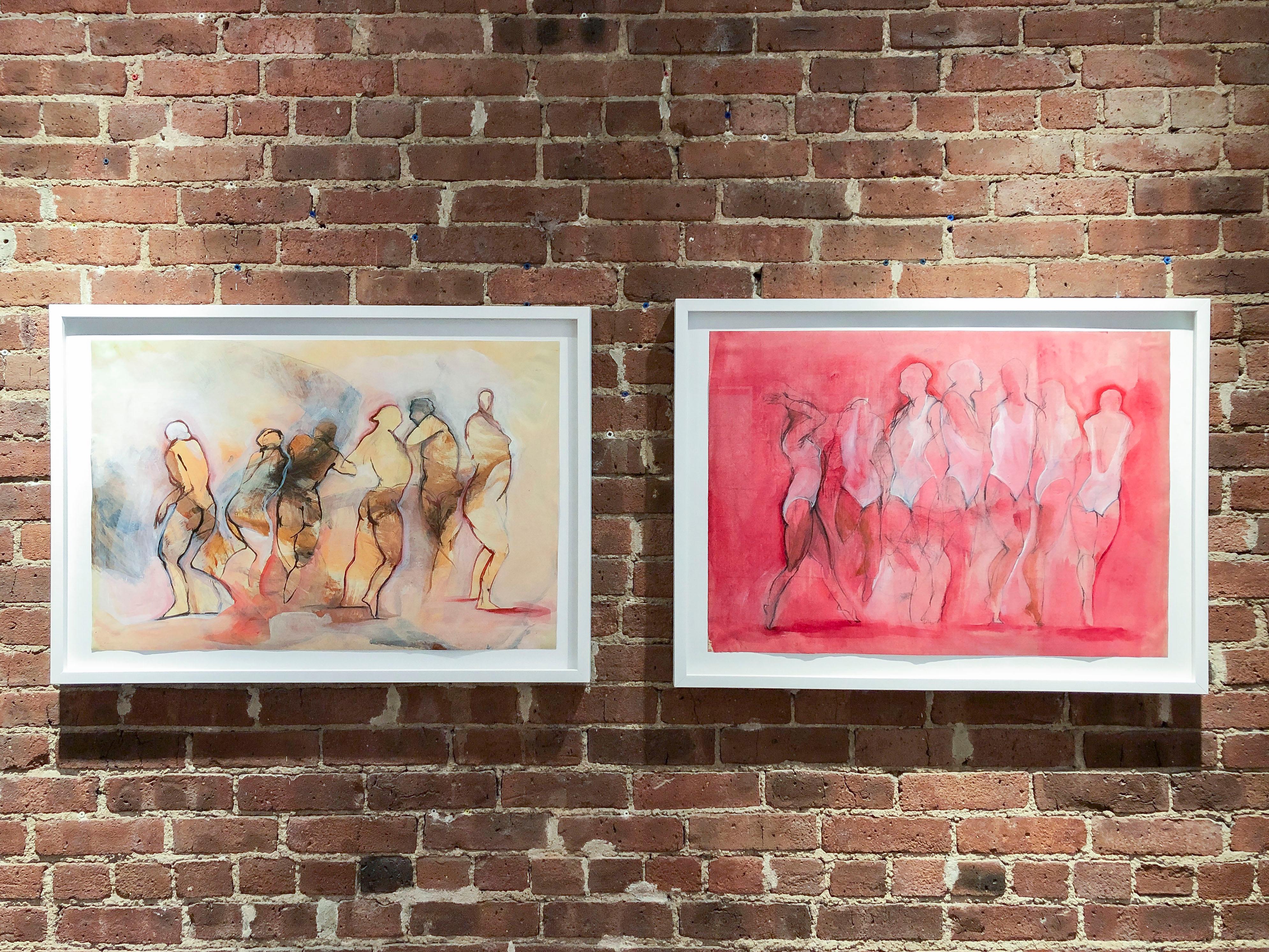 Melodia, female dancers in motion, red mixed media on paper - Contemporary Painting by Silvina Mamani