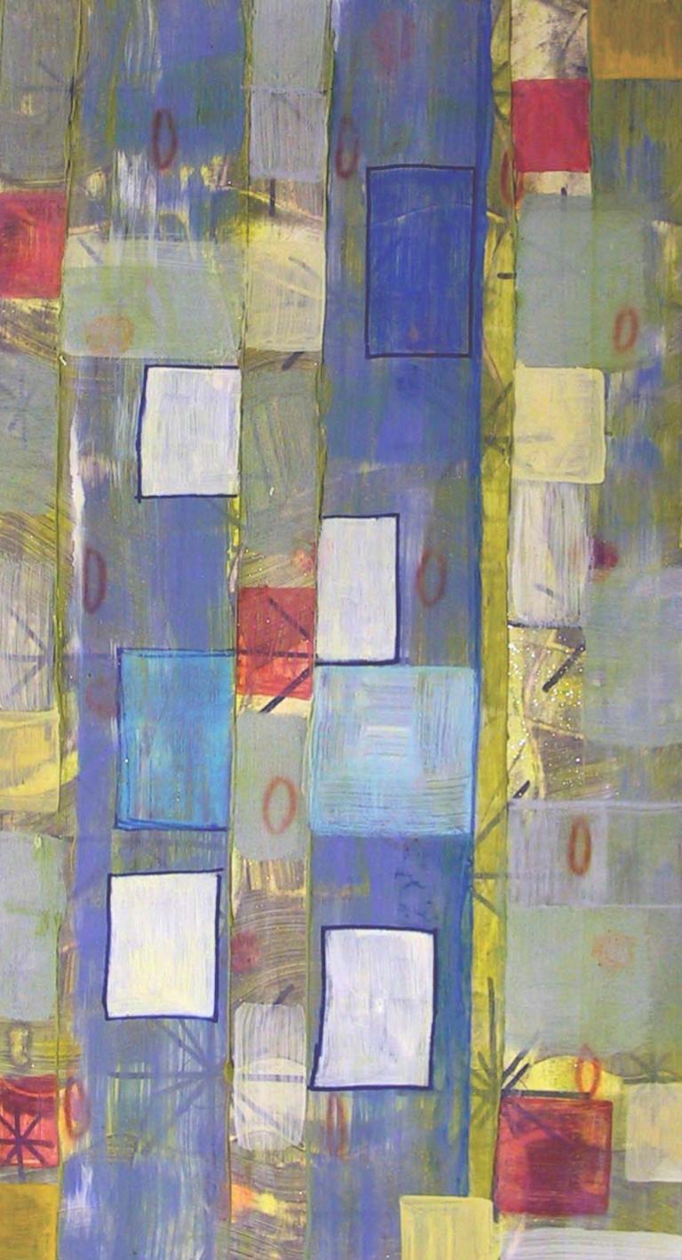 Coco Liggett Abstract Painting - #50, bright multicolored mixed media on paper, geometric pattern
