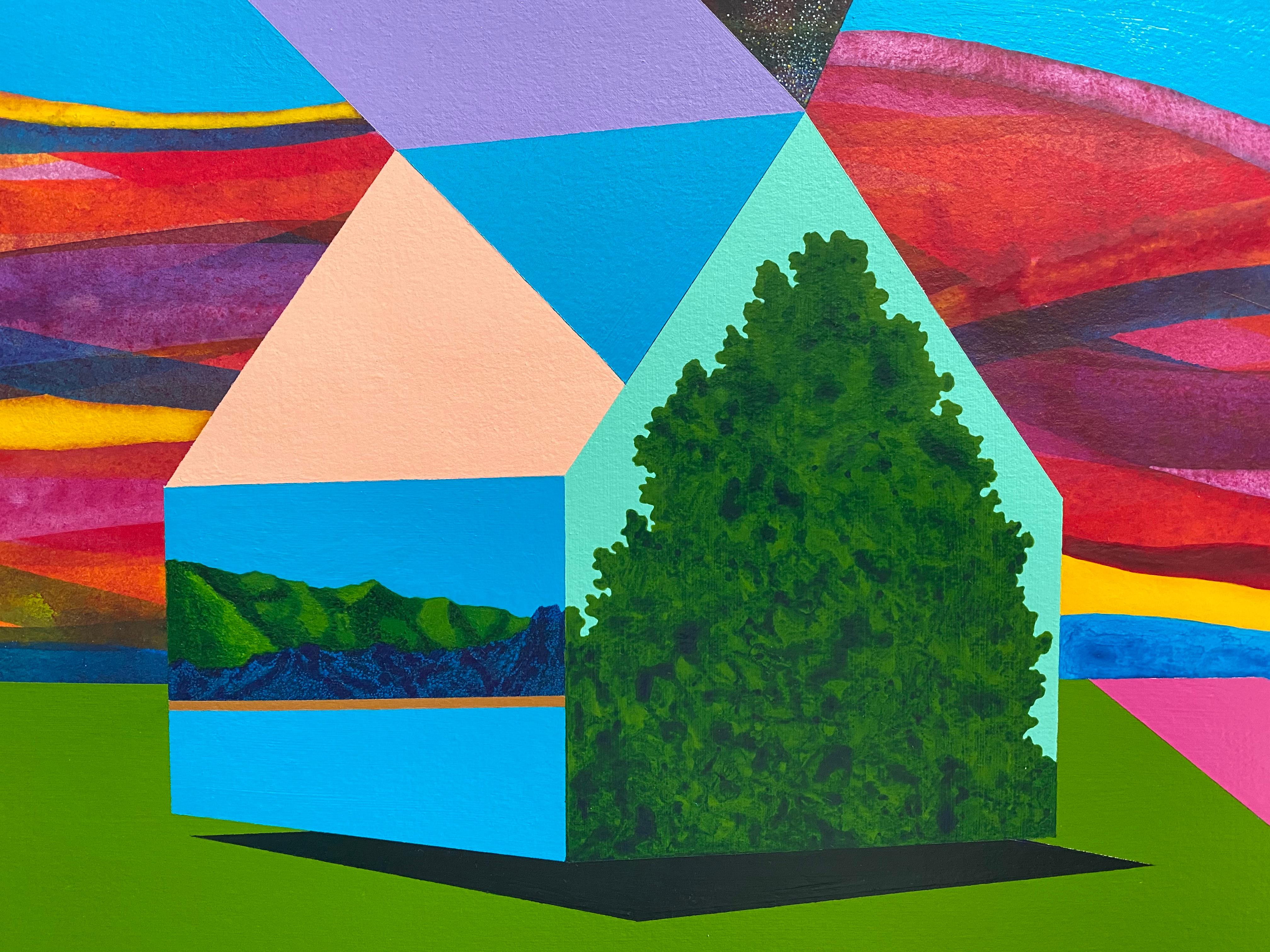 New Understanding, bright, multicolored surreal landscape on paper - Art by James Isherwood