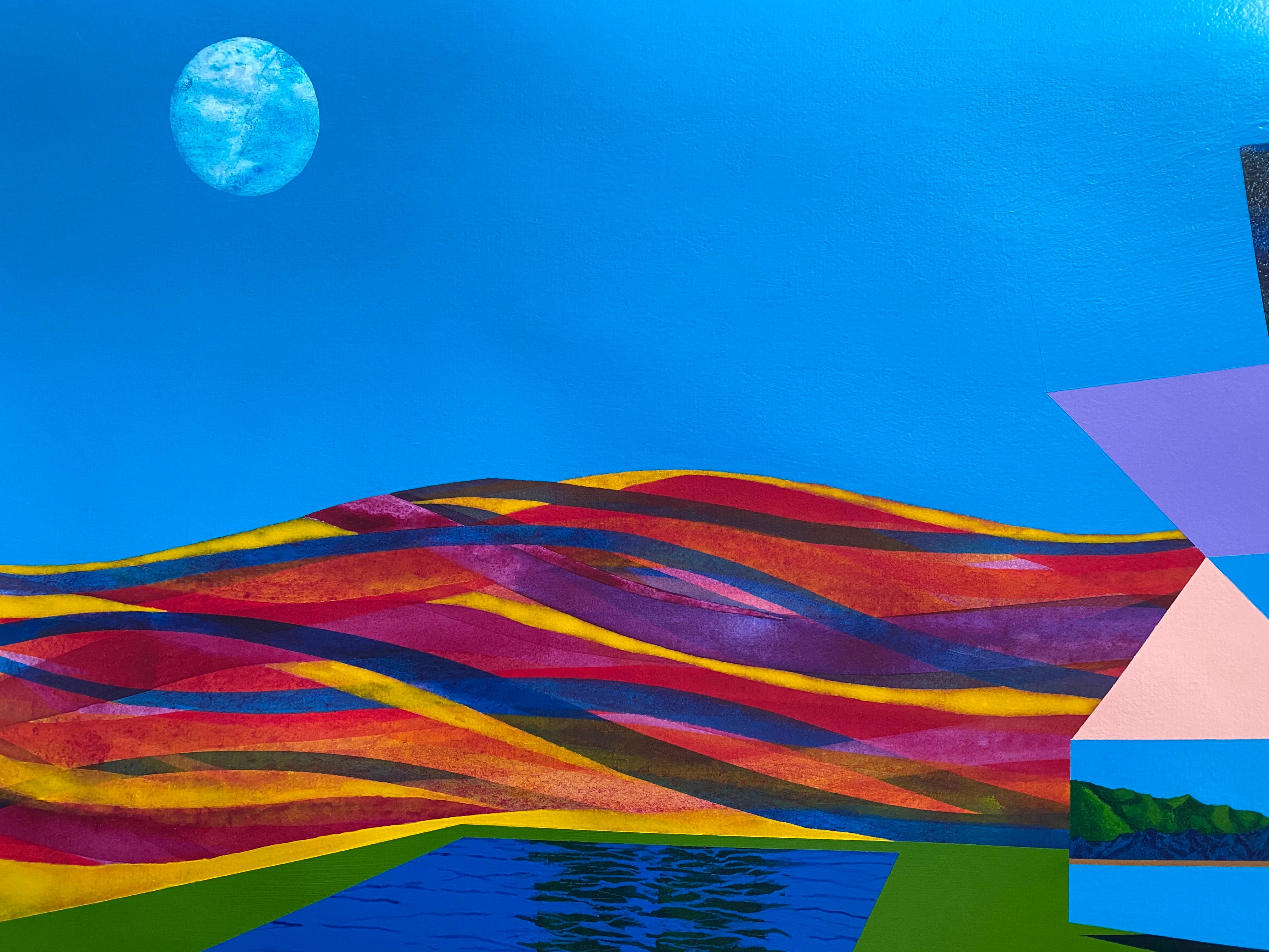 New Understanding, bright, multicolored surreal landscape on paper - Blue Landscape Art by James Isherwood