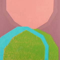 Waxed, minimal abstract oil painting on panel, pink, green and blue