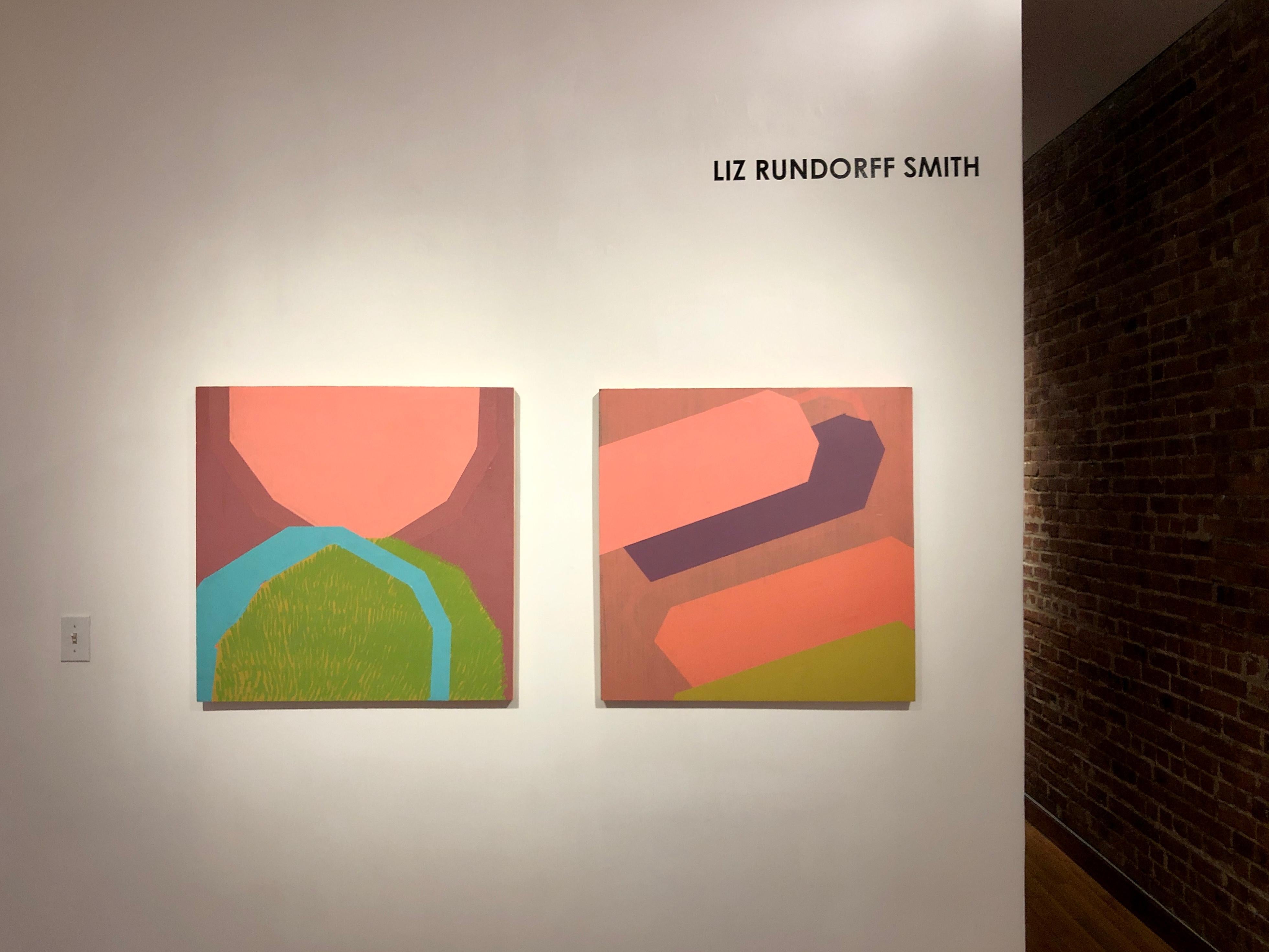 Waxed, minimal abstract oil painting on panel, pink, green and blue - Painting by Liz Rundorff Smith