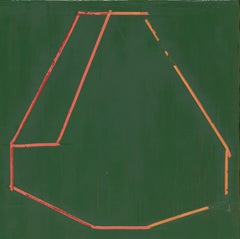 Backward, geometric abstraction, oil painting on panel, minimal green and orange