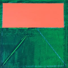 Alternative, green and orange abstract oil painting on panel, 10" x 10"