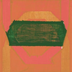 Hollow, abstract oil painting on panel, green and orange, 10" x 10"