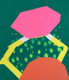 Turn, abstract gouache painting on paper, pink, orange, green, 11" x 9"