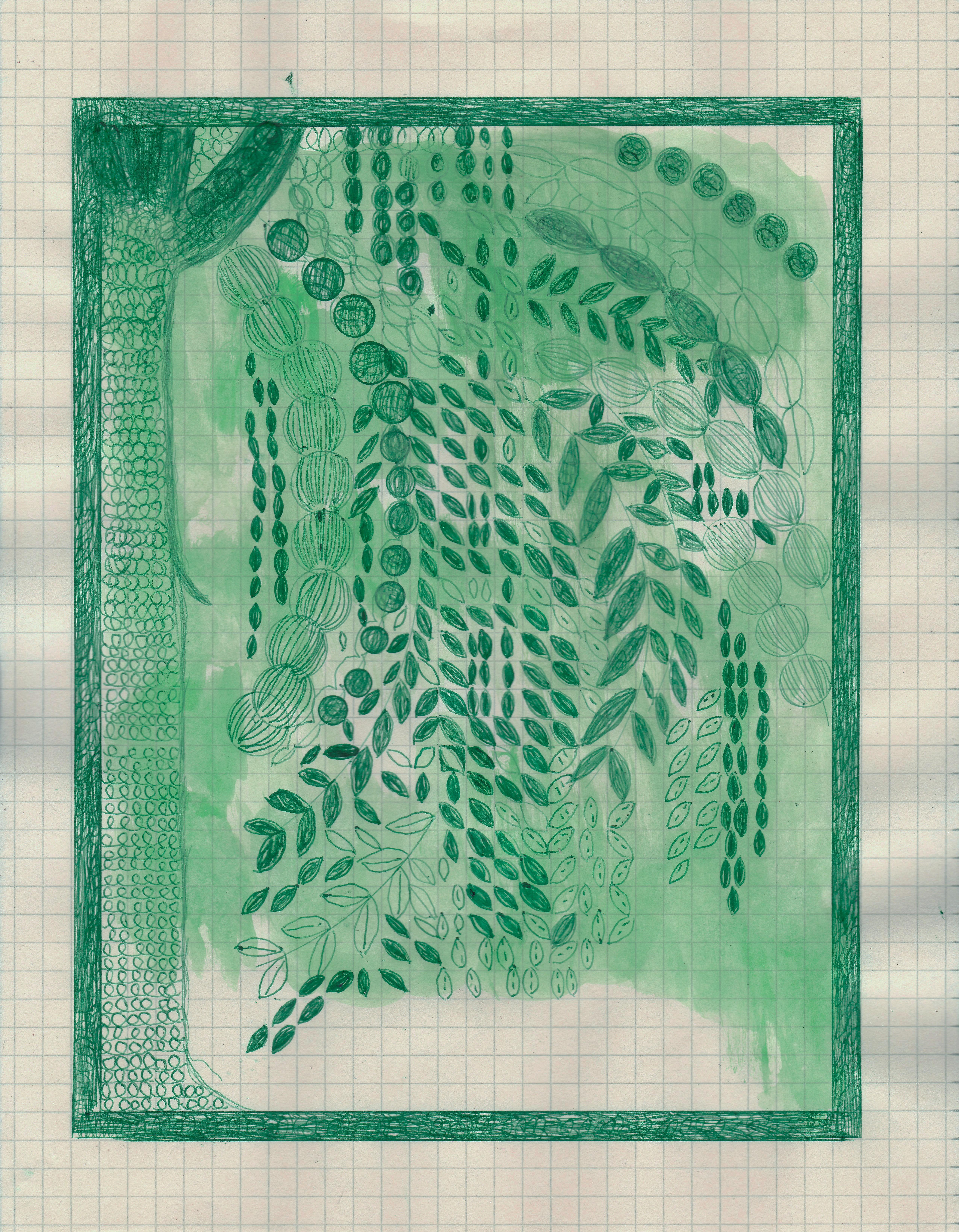 Caroline Blum Landscape Art - River Birch, ink drawing of green tree in backyard, work on paper