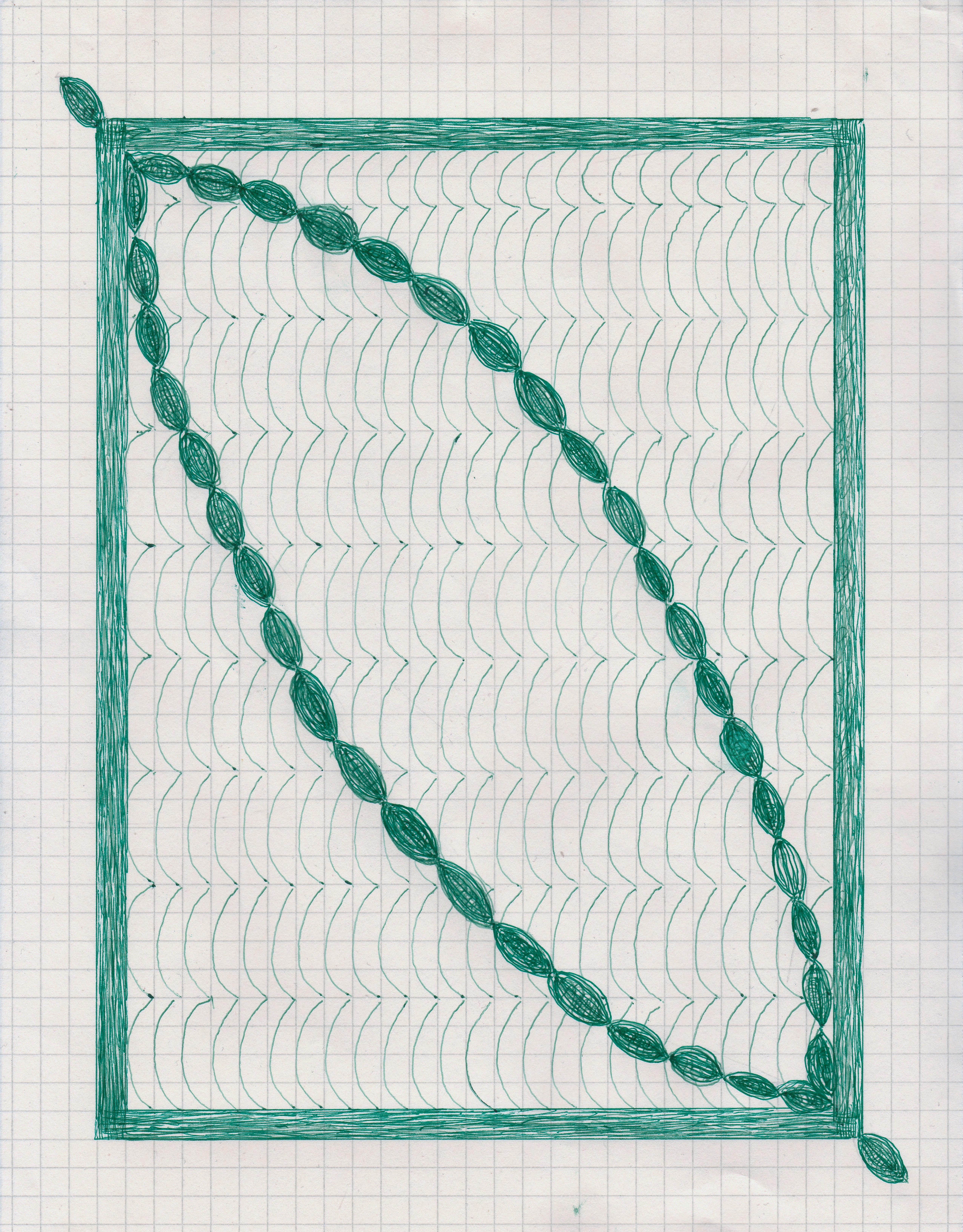 Caroline Blum Abstract Drawing - In or Out, green ink drawing on graph paper, geometric abstraction
