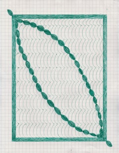 In or Out, green ink drawing on graph paper, geometric abstraction