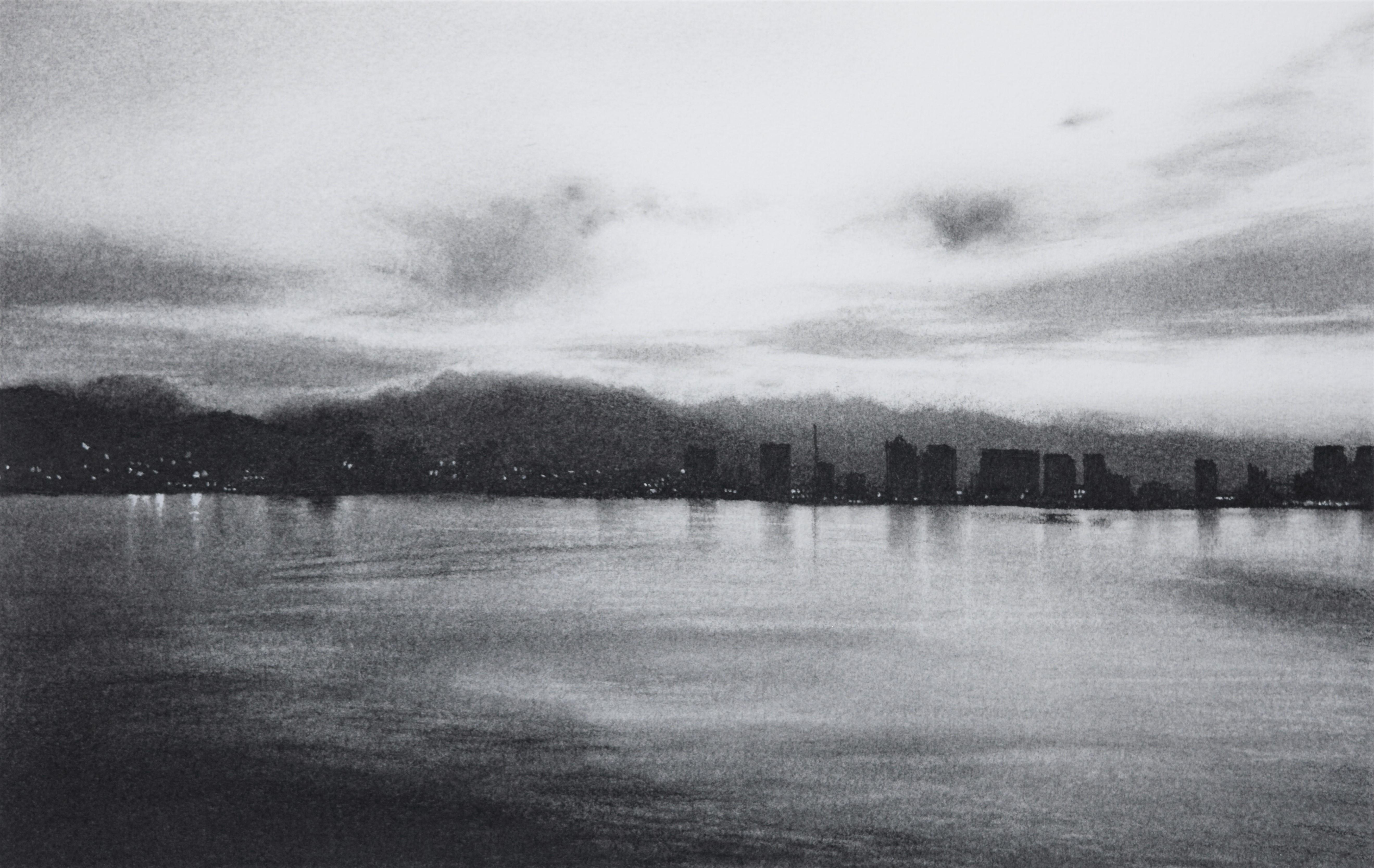 Irrepressible 13, black and white charcoal drawing of lake scene with city