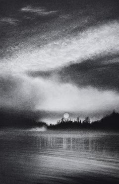 Lac Saint-Joseph at Dawn, black and white charcoal drawing of sunrise over lake