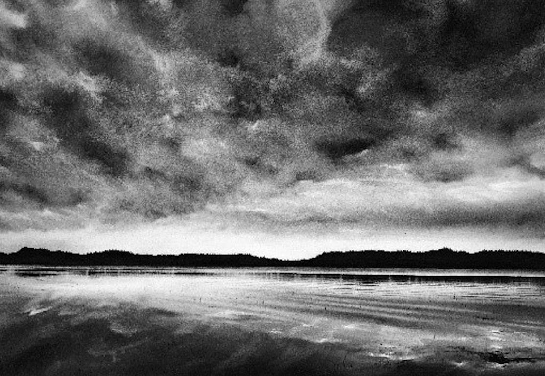 Mitchell Lake at Dusk, black and white charcoal drawing of lake scene and sky