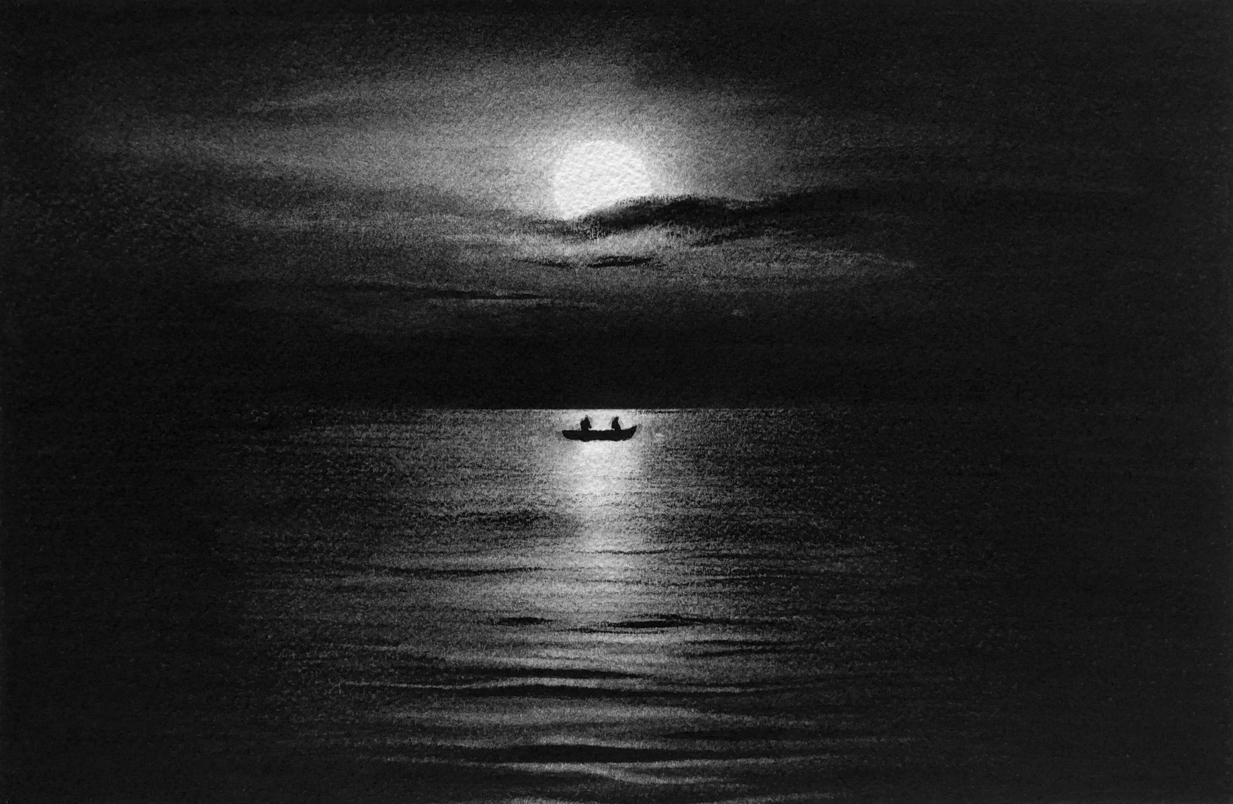 Katherine Curci Landscape Art - Beneath the Moonlight, black and white charcoal drawing of couple in boat