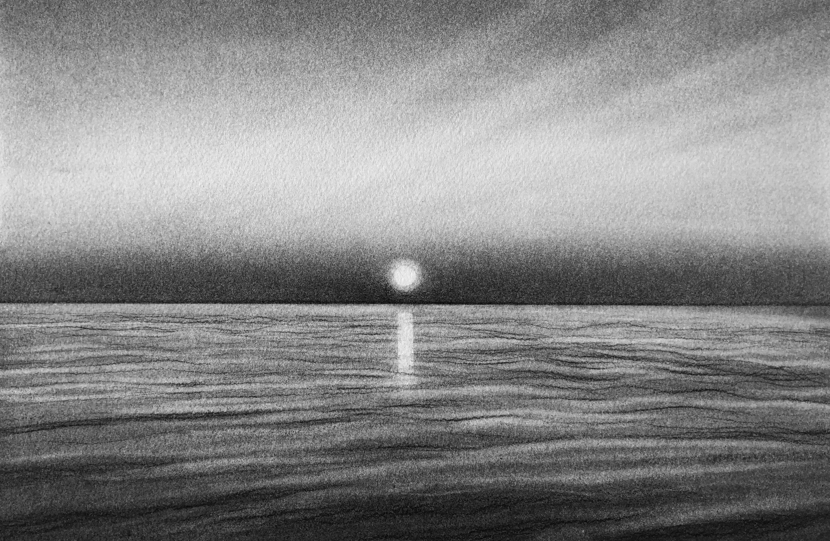 Strawberry Island Sunset, black and white charcoal drawing of the ocean