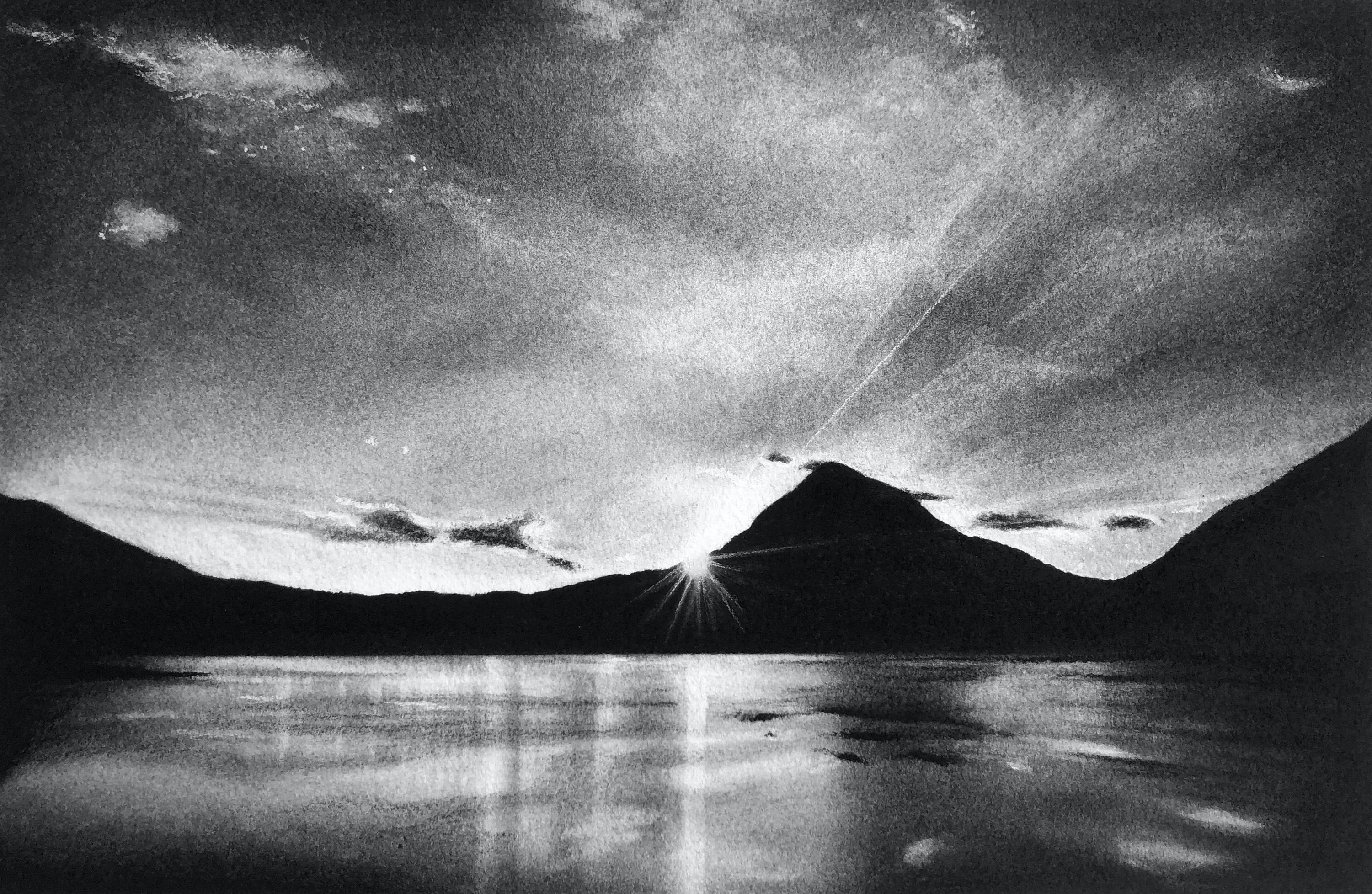 Sunrise at Mount Fuji, black and white charcoal drawing of mountains in Japan