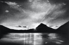 Sunrise at Mount Fuji, black and white charcoal drawing of mountains in Japan