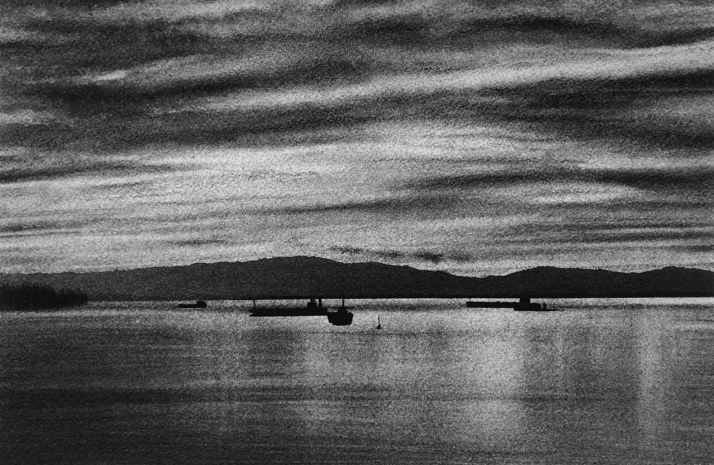 Katherine Curci Landscape Art - Vancouver Pier, black and white charcoal drawing of boats on the ocean