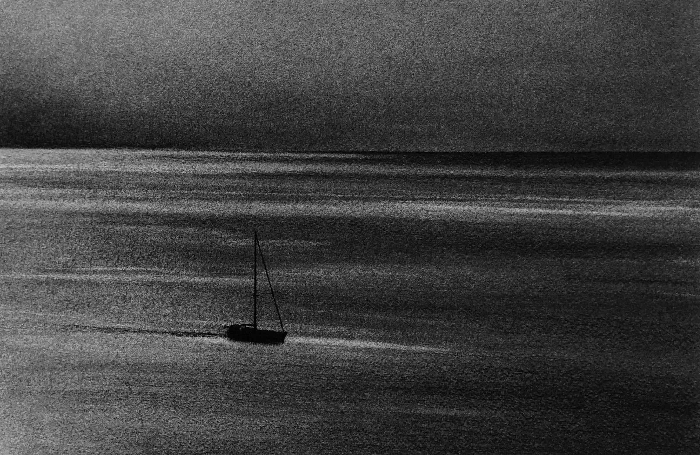 Katherine Curci Landscape Art - Vancouver Sail, black and white charcoal drawing of boat on the ocean