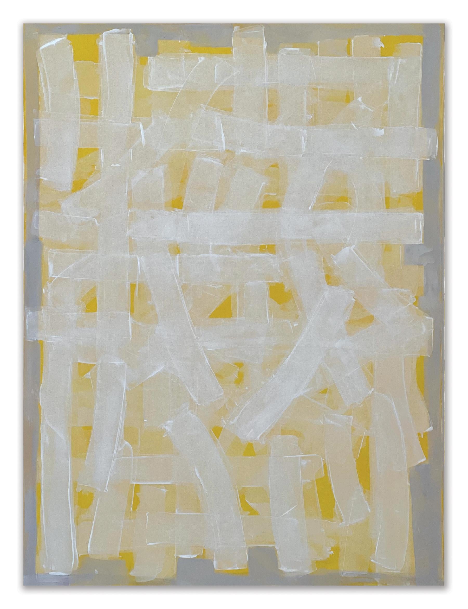 YeWgw, abstract minimalist painting on canvas, grey, white and yellow - Painting by Jane Ehrlich