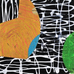 Portal #12, geometric abstract work on paper, black, white, orange, green