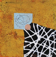 Portal #30, geometric abstract work on paper, black, white, orange, blue