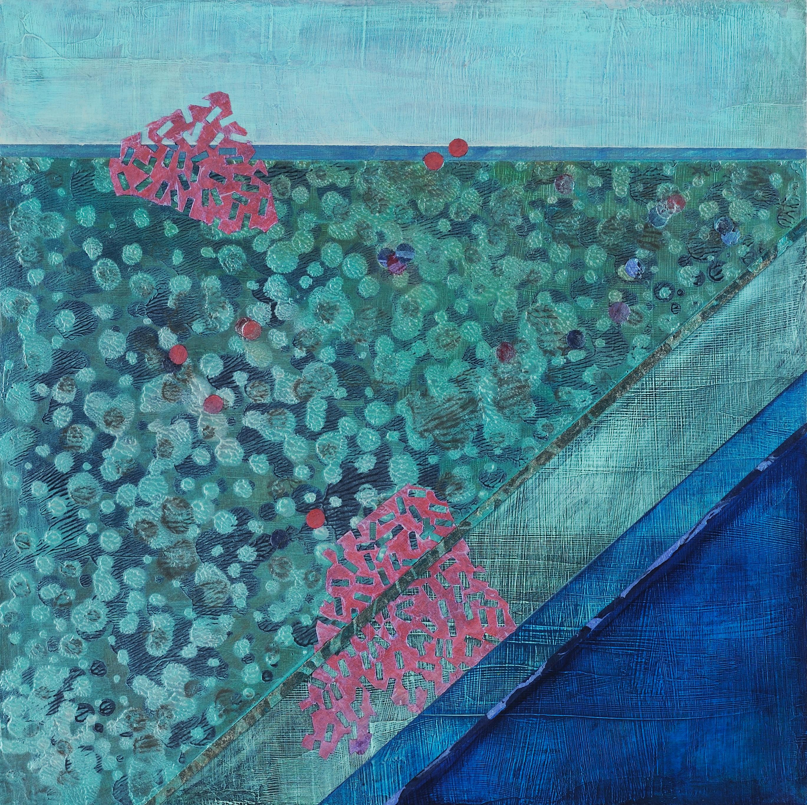 Lisa Hill Abstract Painting - Crossing Lines, Intersections #7, blue and green mixed media painting