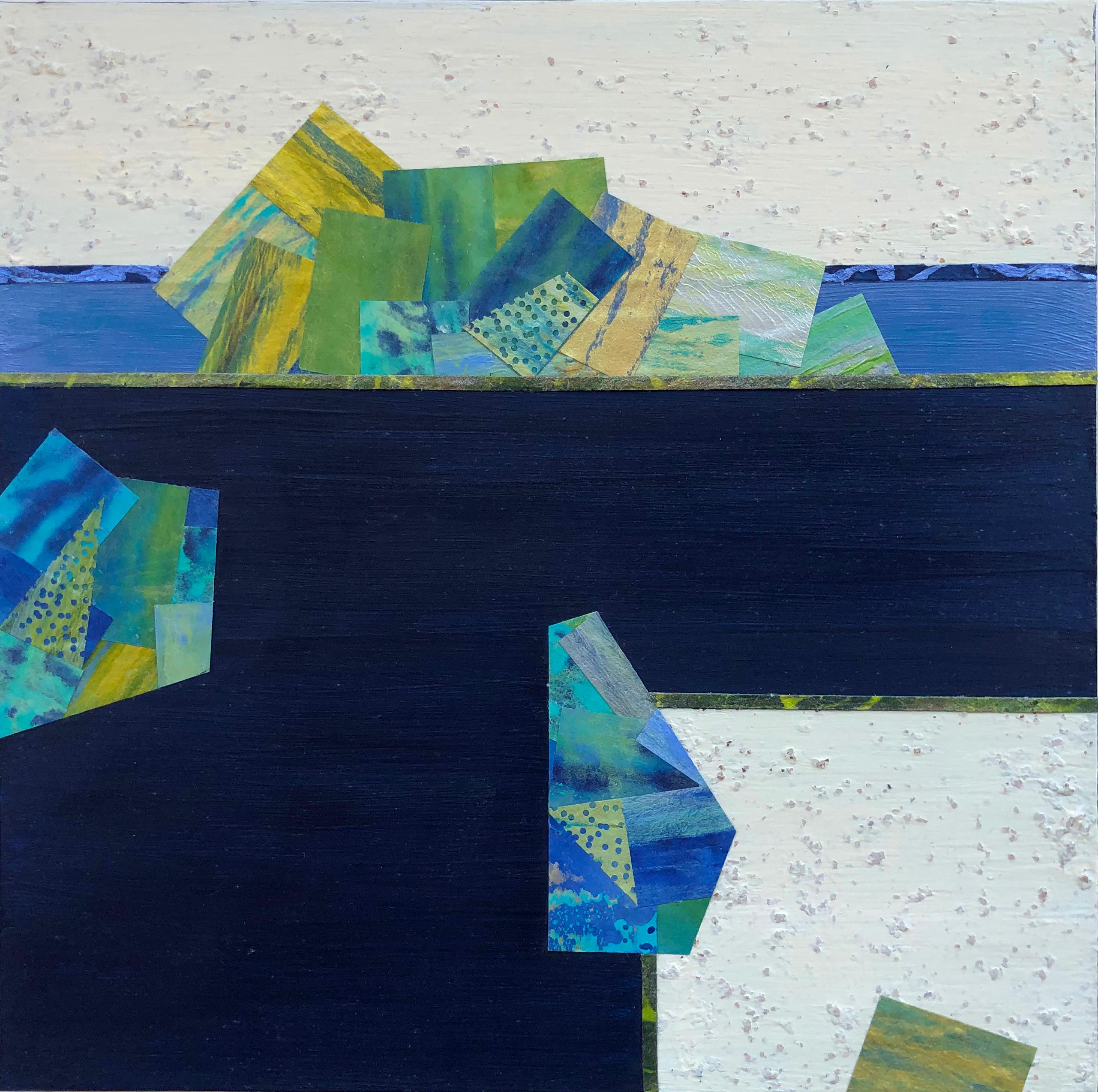 Crossing Lines, Intersections #8, blaues und grünes Mixed-Media-Gemälde