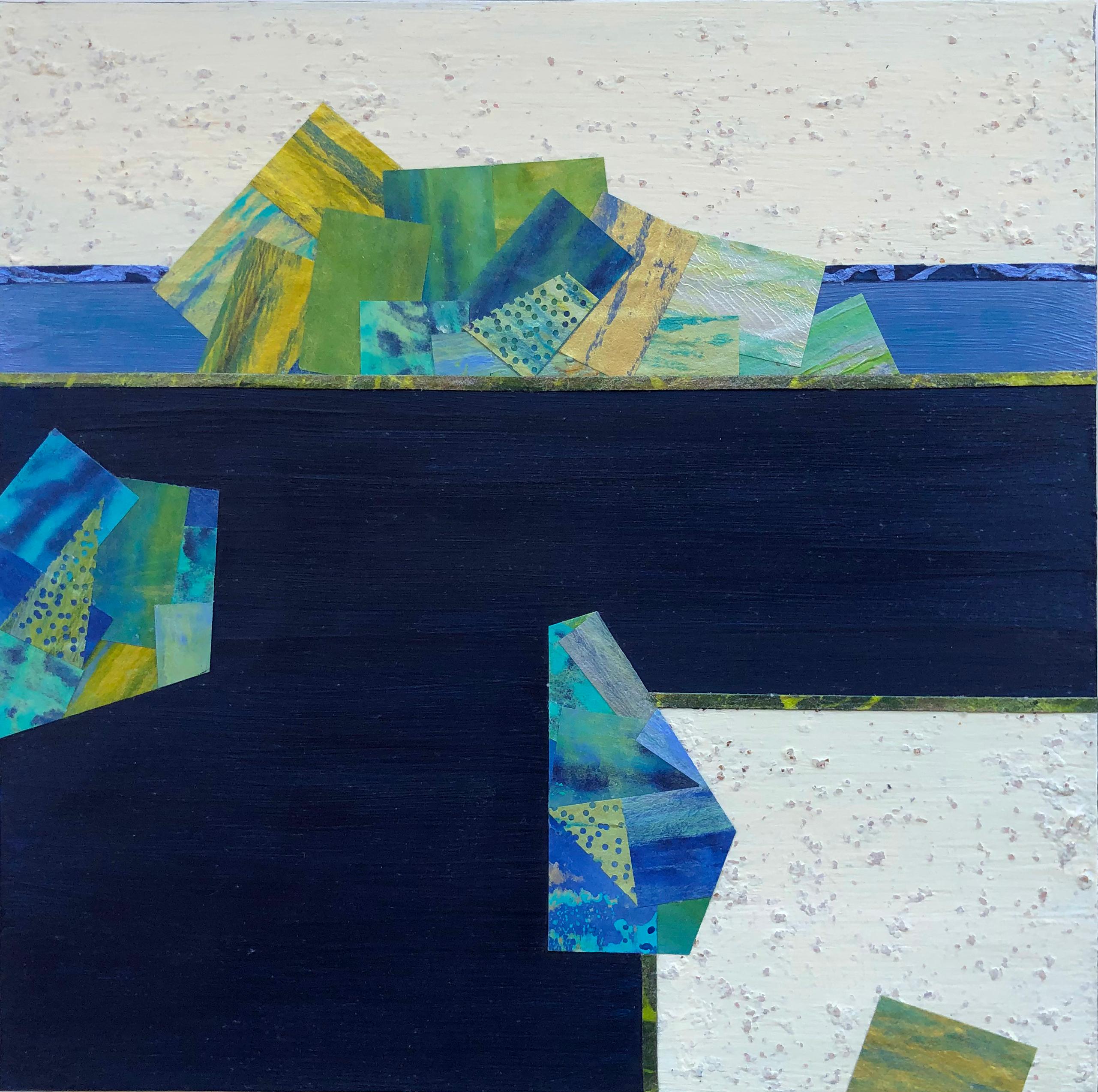 Lisa Hill Abstract Painting - Crossing Lines, Intersections #8, blue and green mixed media painting