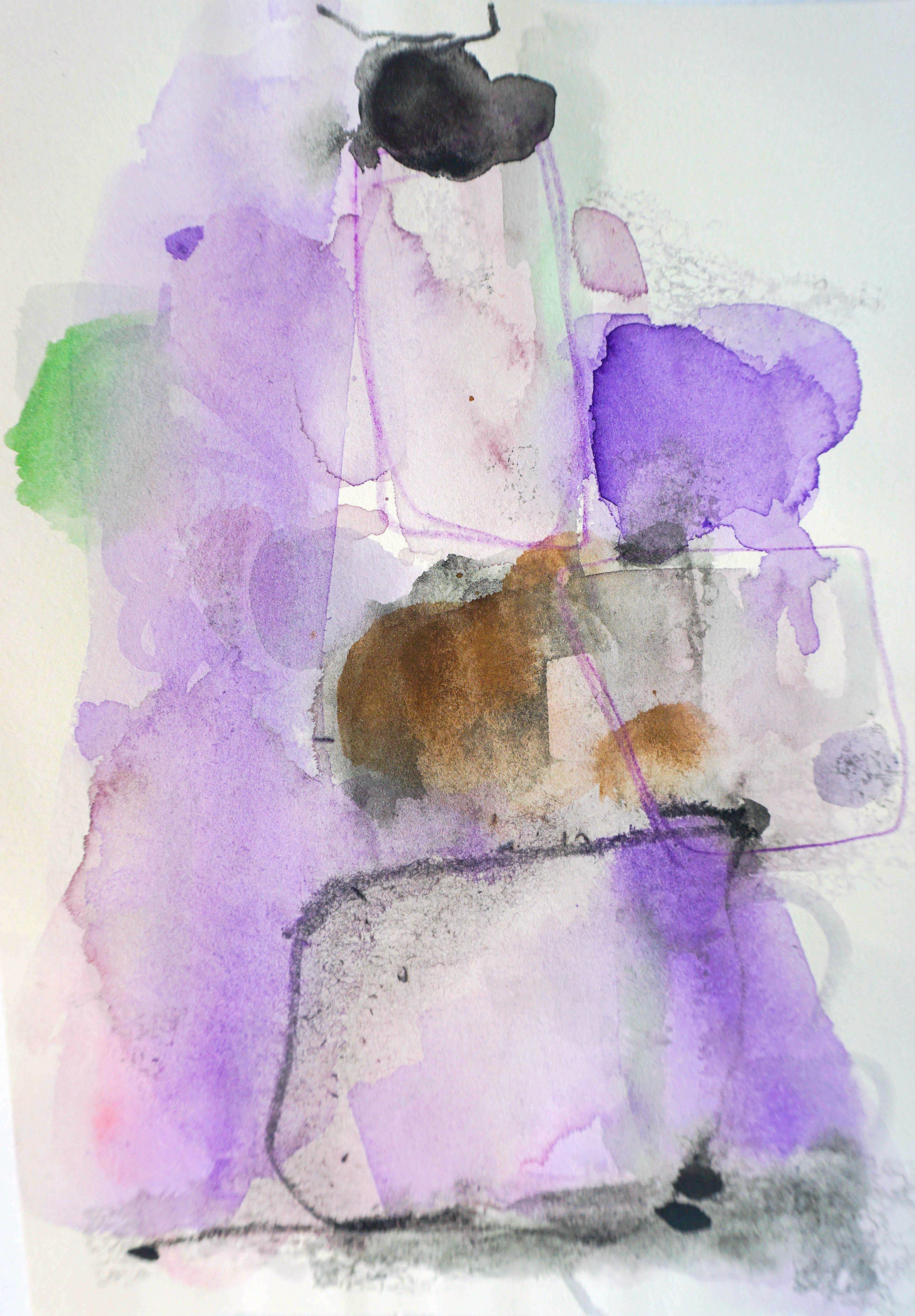 Grape Escape, lila abstraktes Aquarellgemälde auf Archivpapier