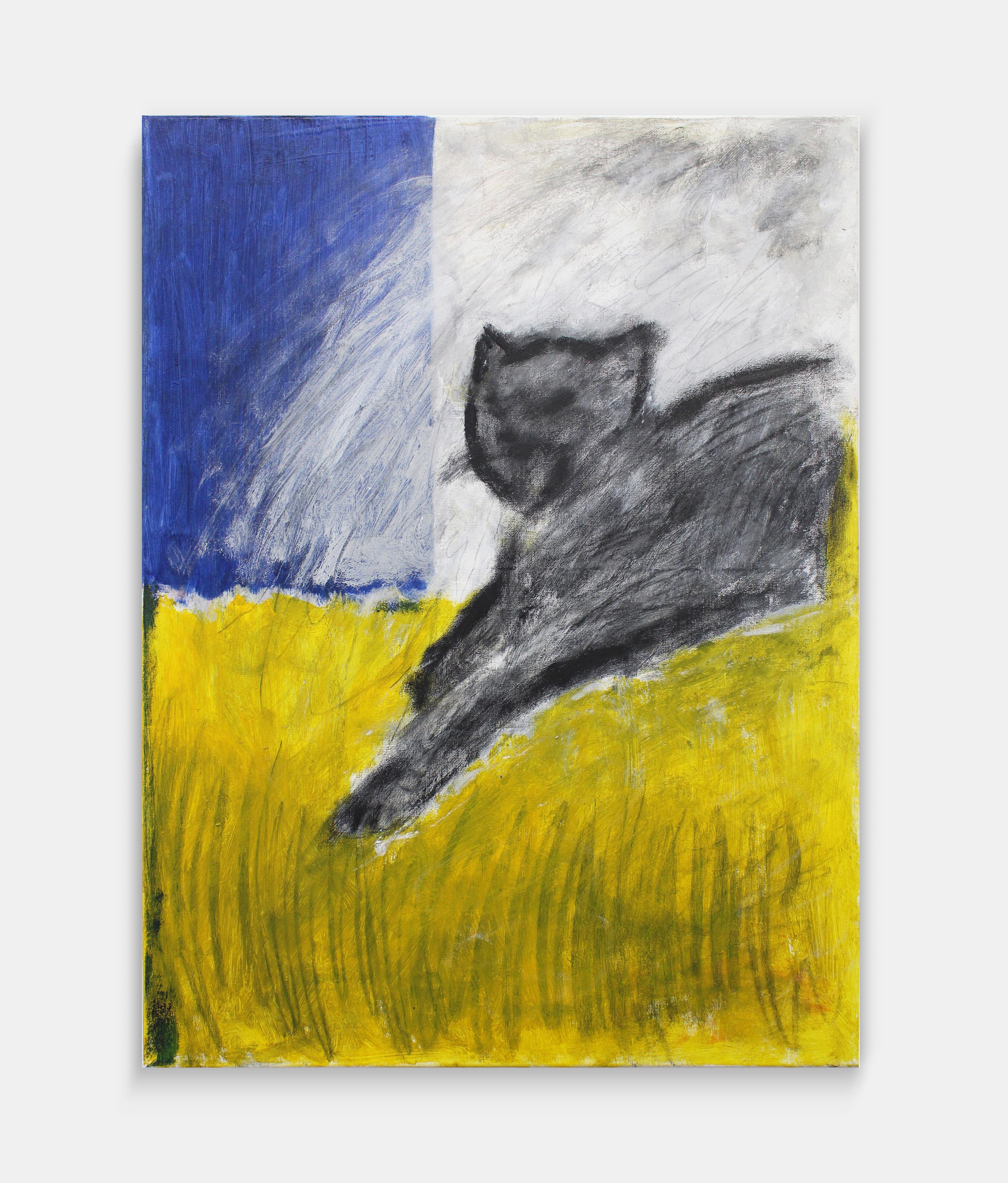Cat No.3, abstract oil painting of black cat, blue and yellow background - Painting by Buwei Hu