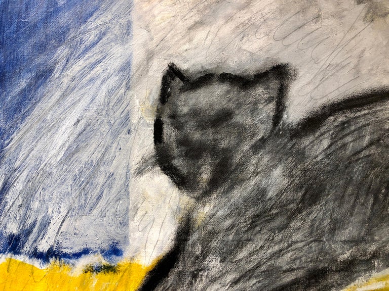 Cat No.3, abstract oil painting of black cat, blue and yellow background - Contemporary Painting by Buwei Hu