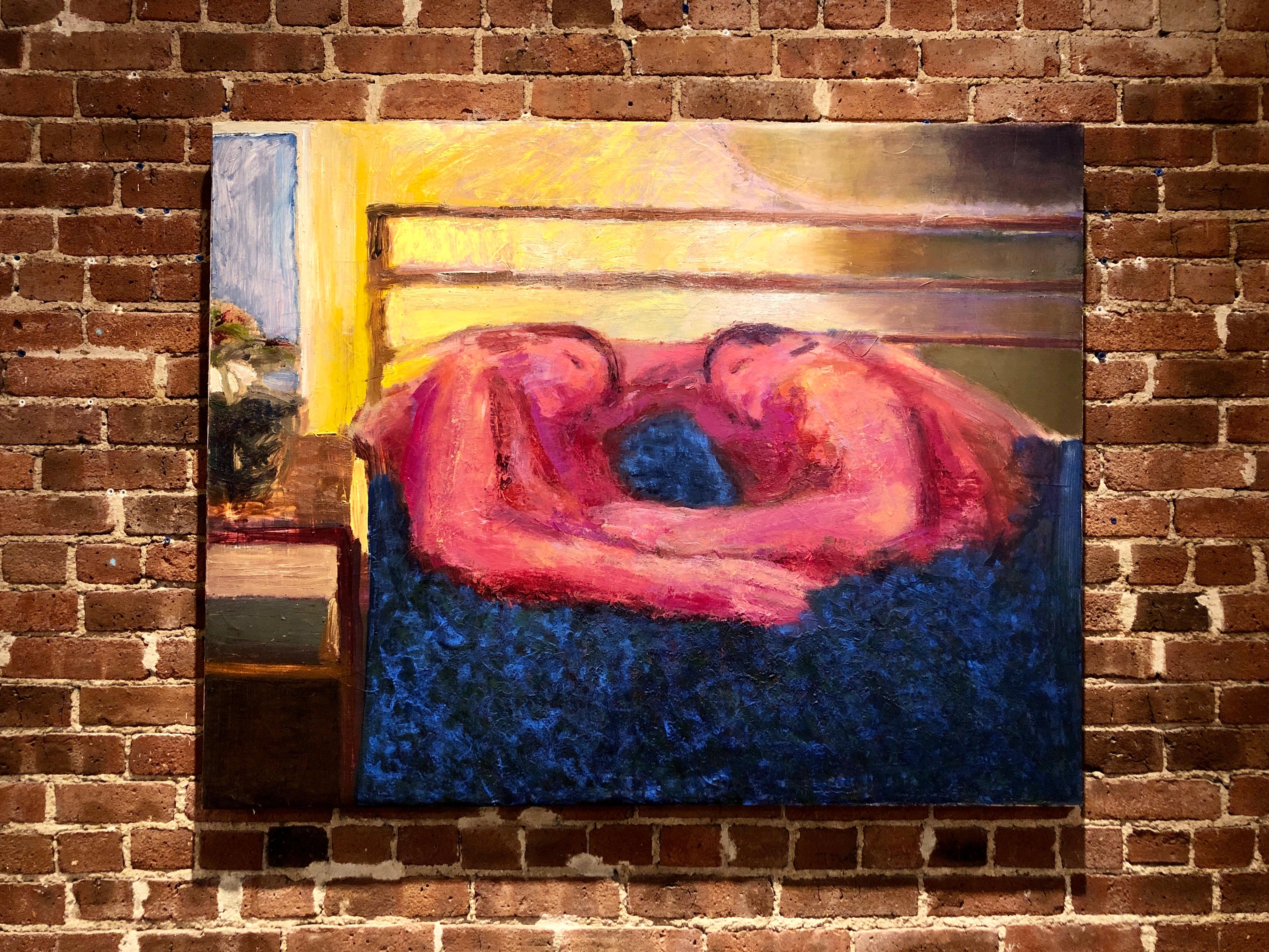 Nosotros, figurative oil painting of two people embracing in bed, red and blue - Painting by Francisco Rocha Salazar