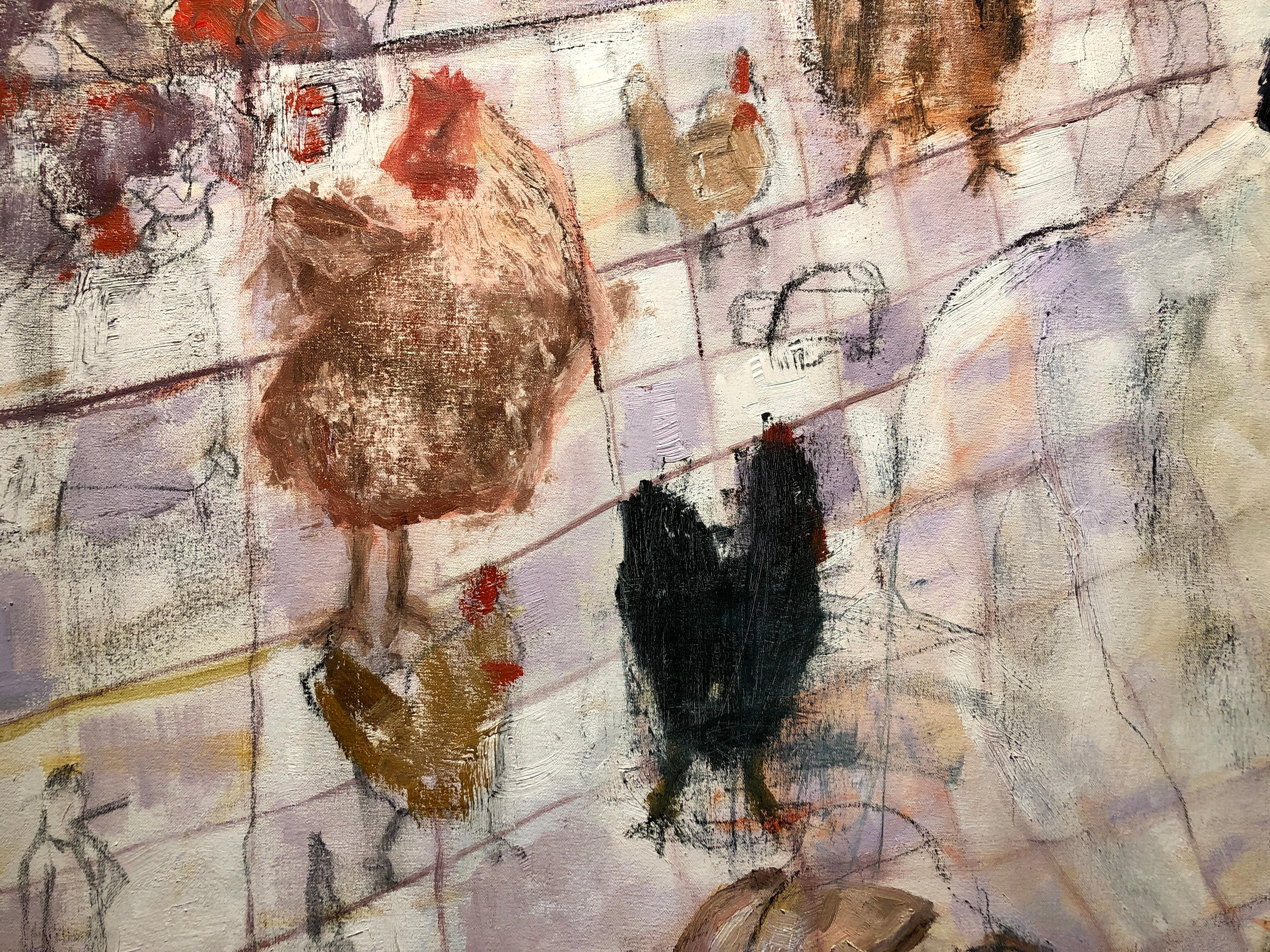 Sang Pi, oil on canvas, figurative painting of girl in interior, chickens - Contemporary Painting by Visakha Jane Phillips