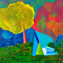 Into The Silence, bright surrealistic painting of architecture against trees