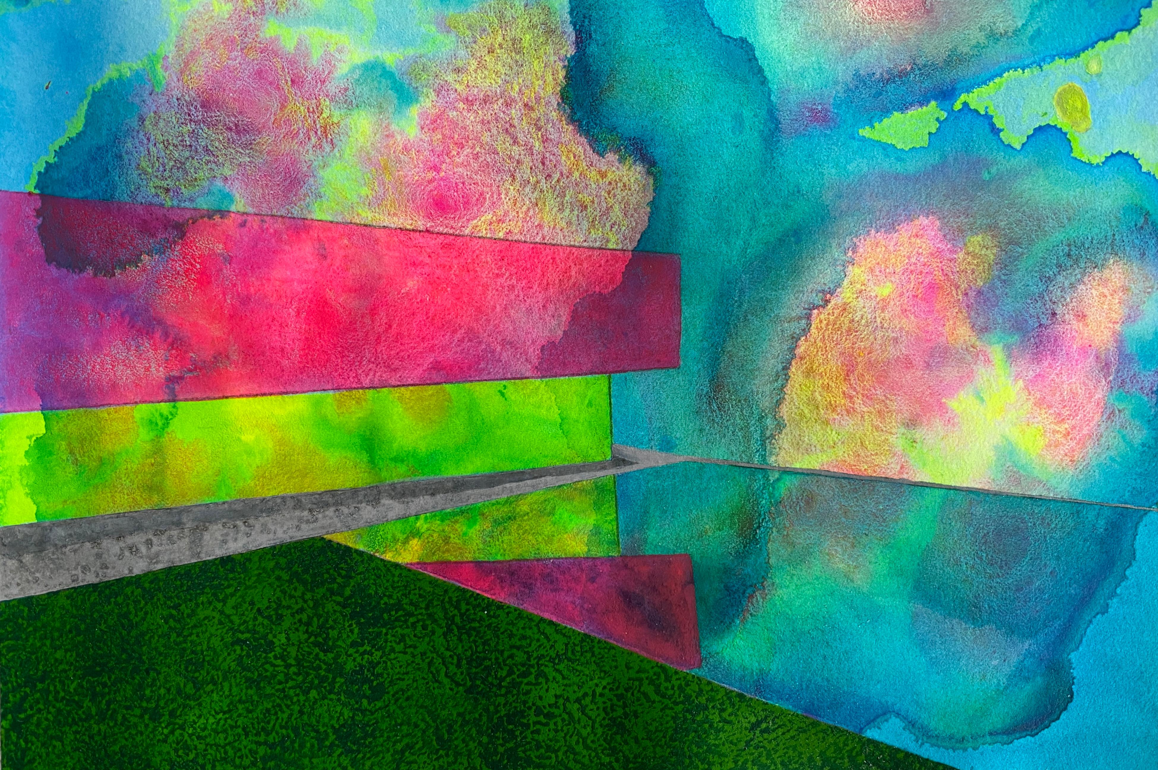 Eclipse, bright surrealistic painting of architecture against sky, neon colors - Art by James Isherwood