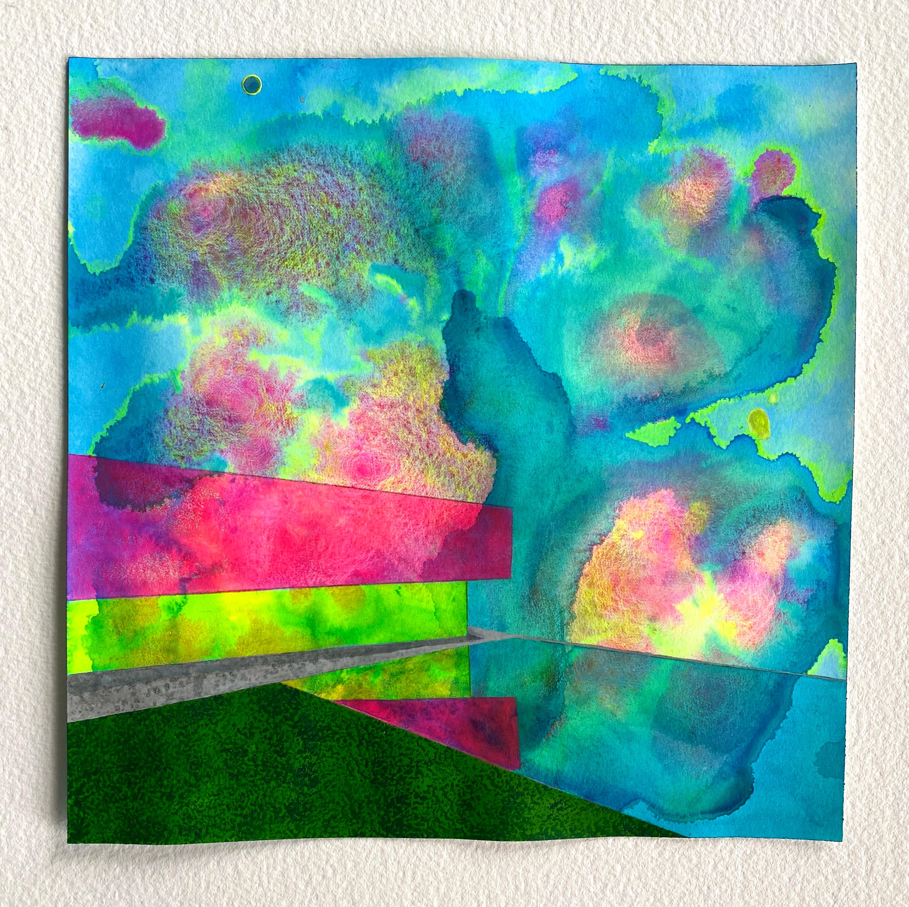 Eclipse, bright surrealistic painting of architecture against sky, neon colors - Contemporary Art by James Isherwood