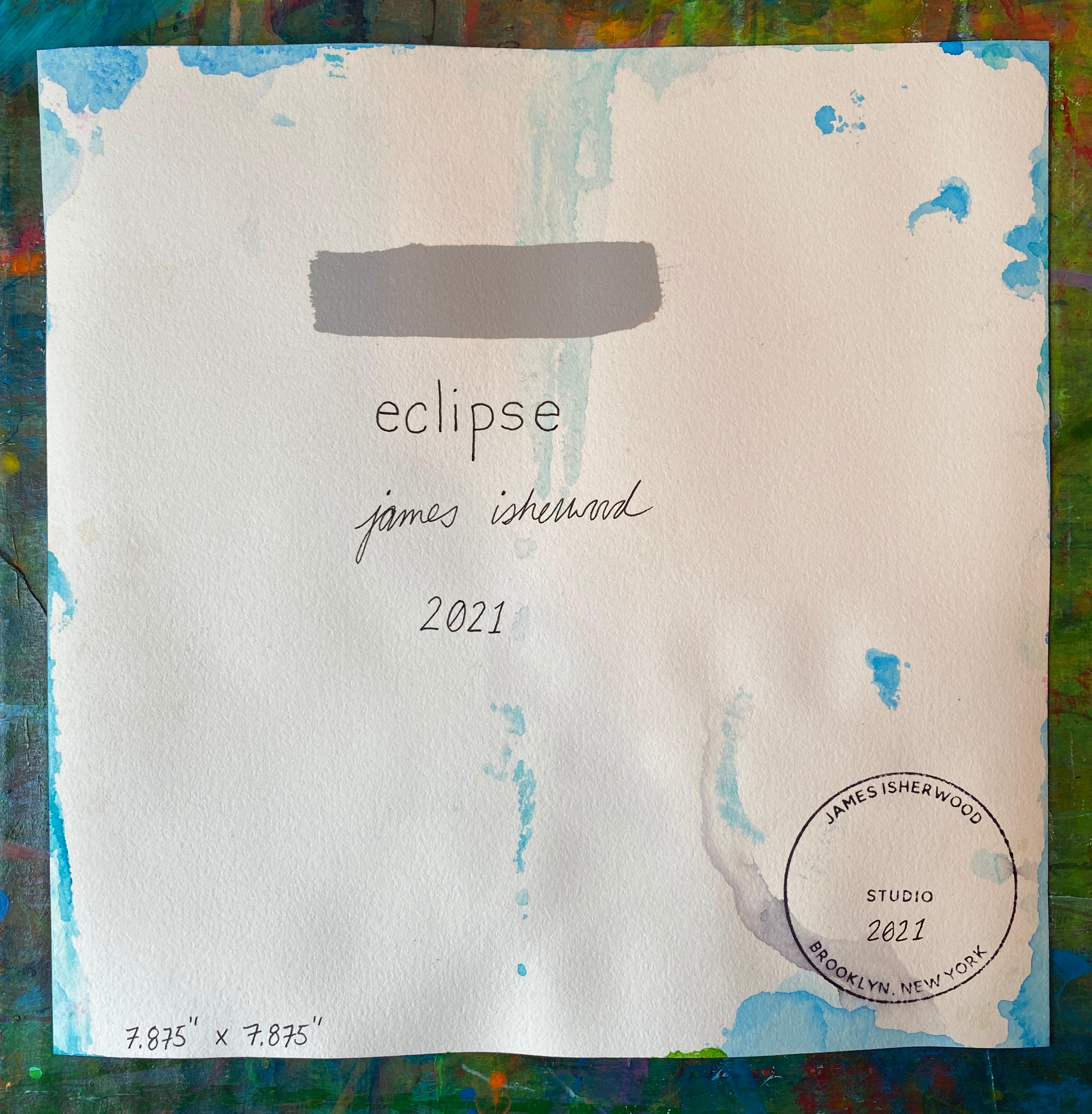 Eclipse, bright surrealistic painting of architecture against sky, neon colors - Blue Figurative Art by James Isherwood