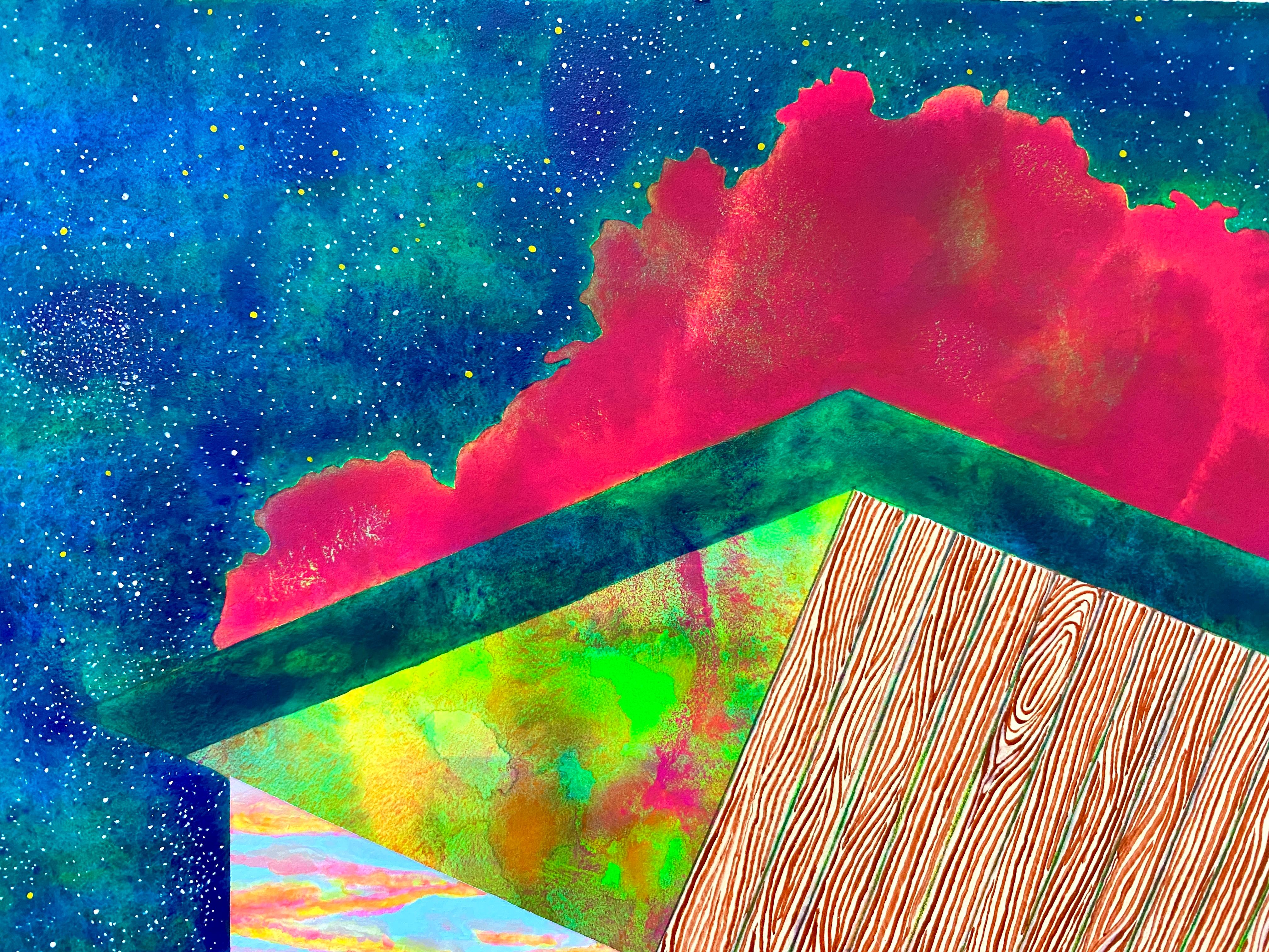 Stargazer, bright surrealistic painting of architecture against sky, neon colors - Art by James Isherwood