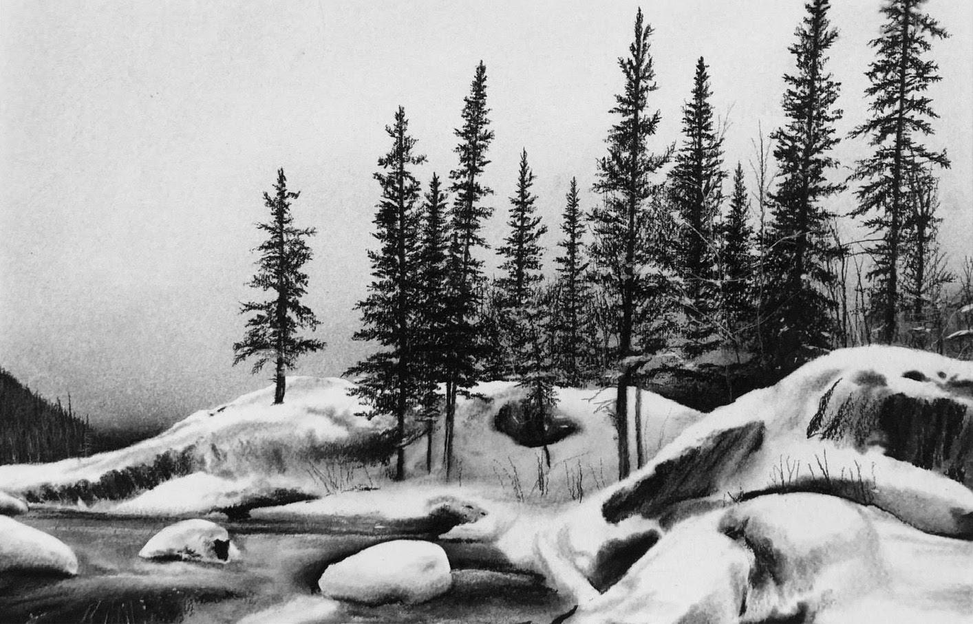Katherine Curci Figurative Art - Winter Scene in Yoho, black and white charcoal drawing of trees and snow