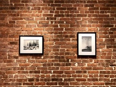 Winter Scene in Yoho, black and white charcoal drawing of trees and snow