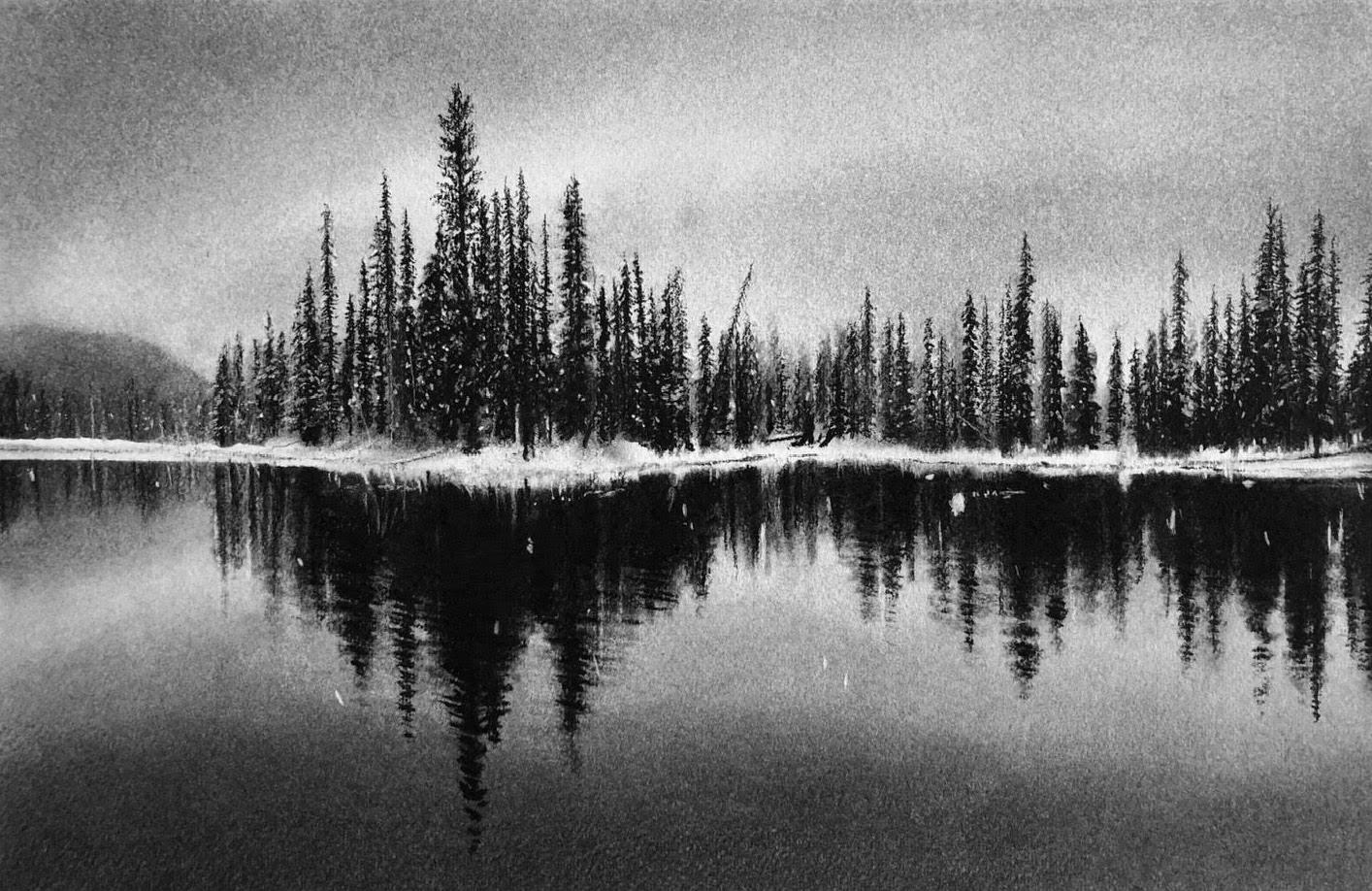 Winter Reflections, black and white charcoal drawing of trees and lake
