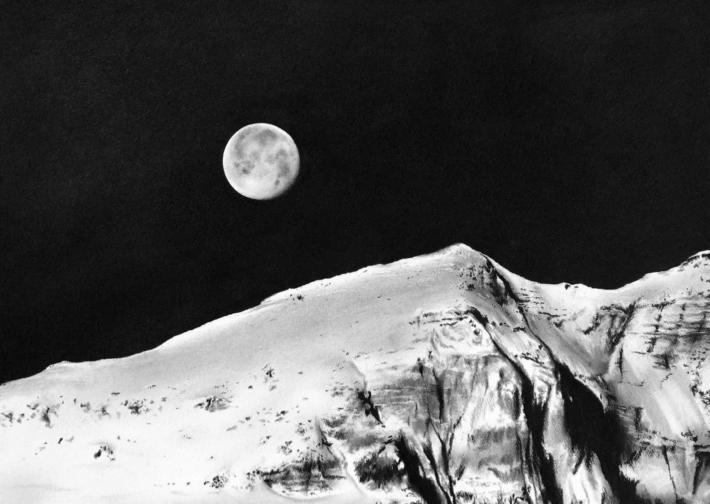 Katherine Curci Figurative Art - Supermoon in Banff, black and white charcoal drawing of moon over mountains