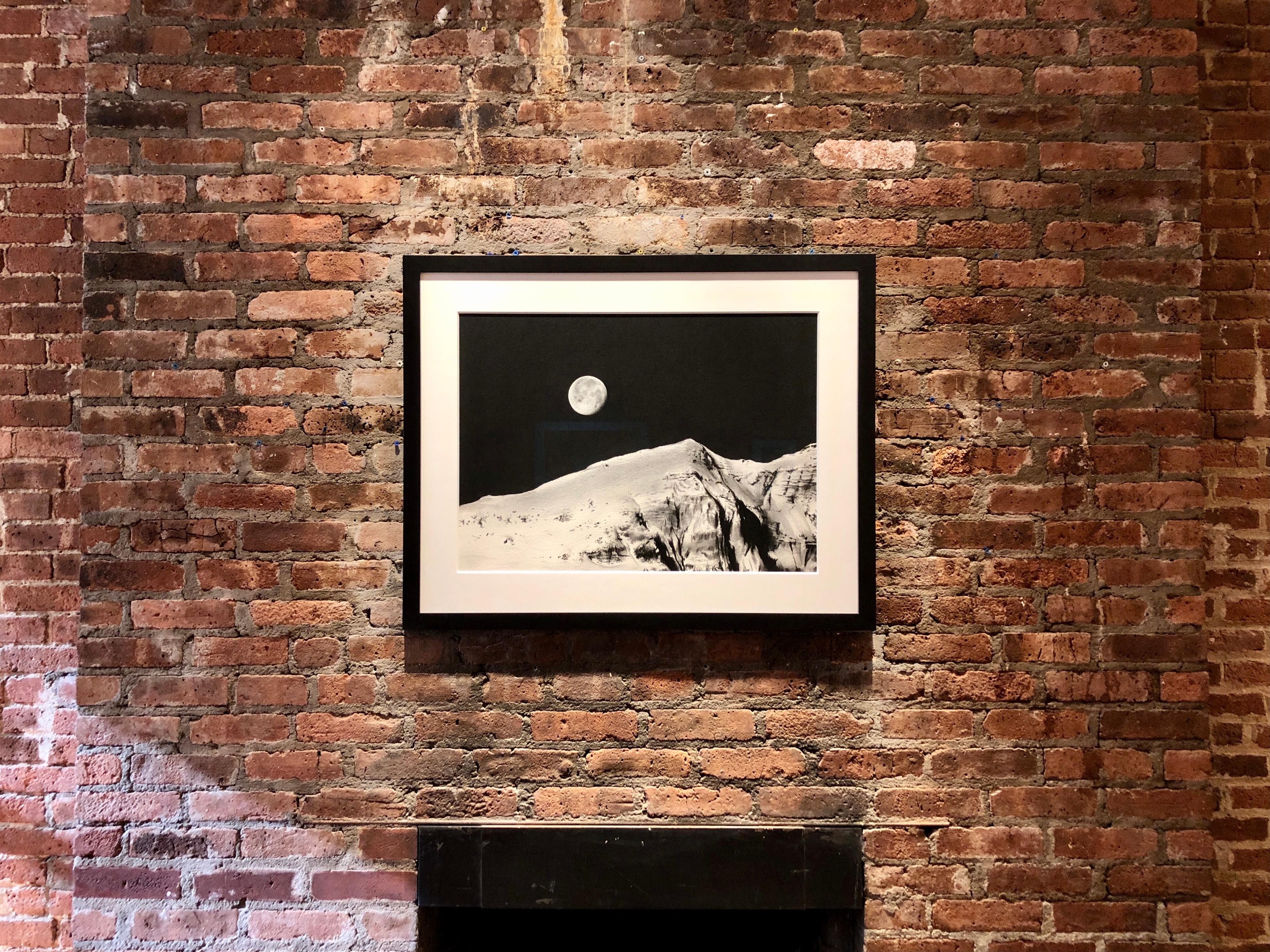 Supermoon in Banff, black and white charcoal drawing of moon over mountains - Art by Katherine Curci