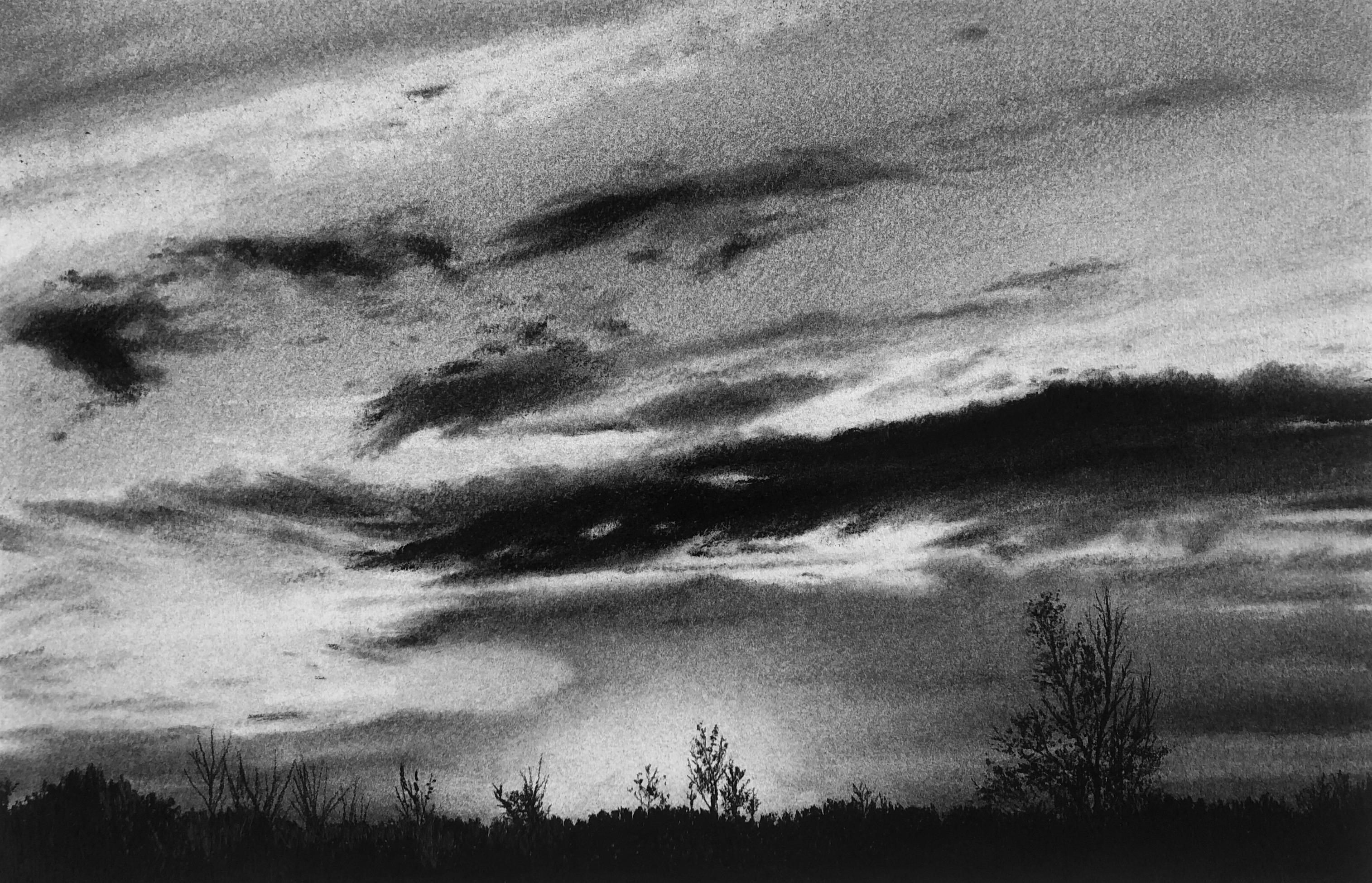 Katherine Curci Landscape Art - Autumn Sunset in Campbellville, black and white charcoal drawing of sky