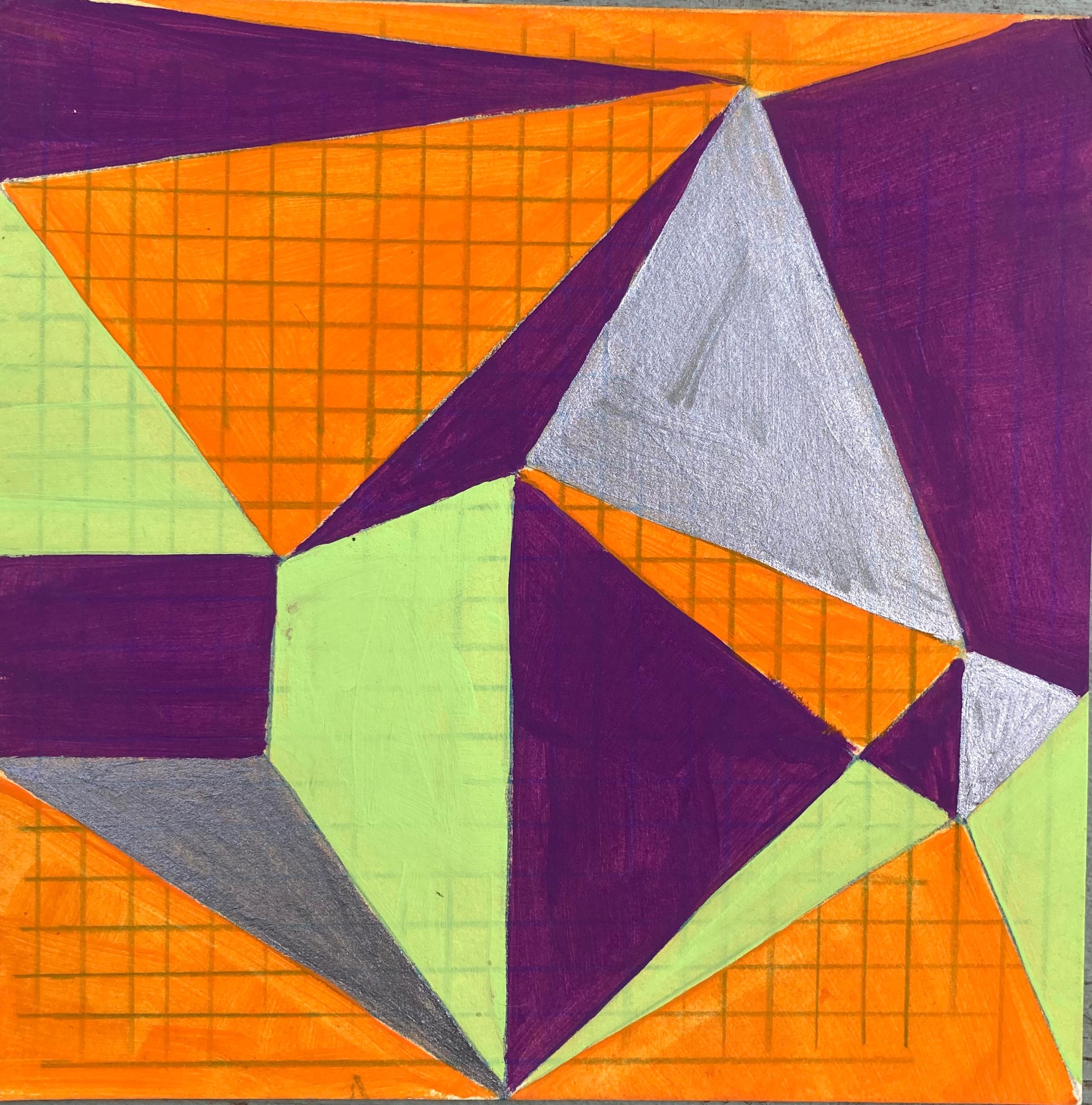 Caryn Azoff Abstract Drawing - Untitled 4, abstract geometric pattern on paper, green, orange and purple