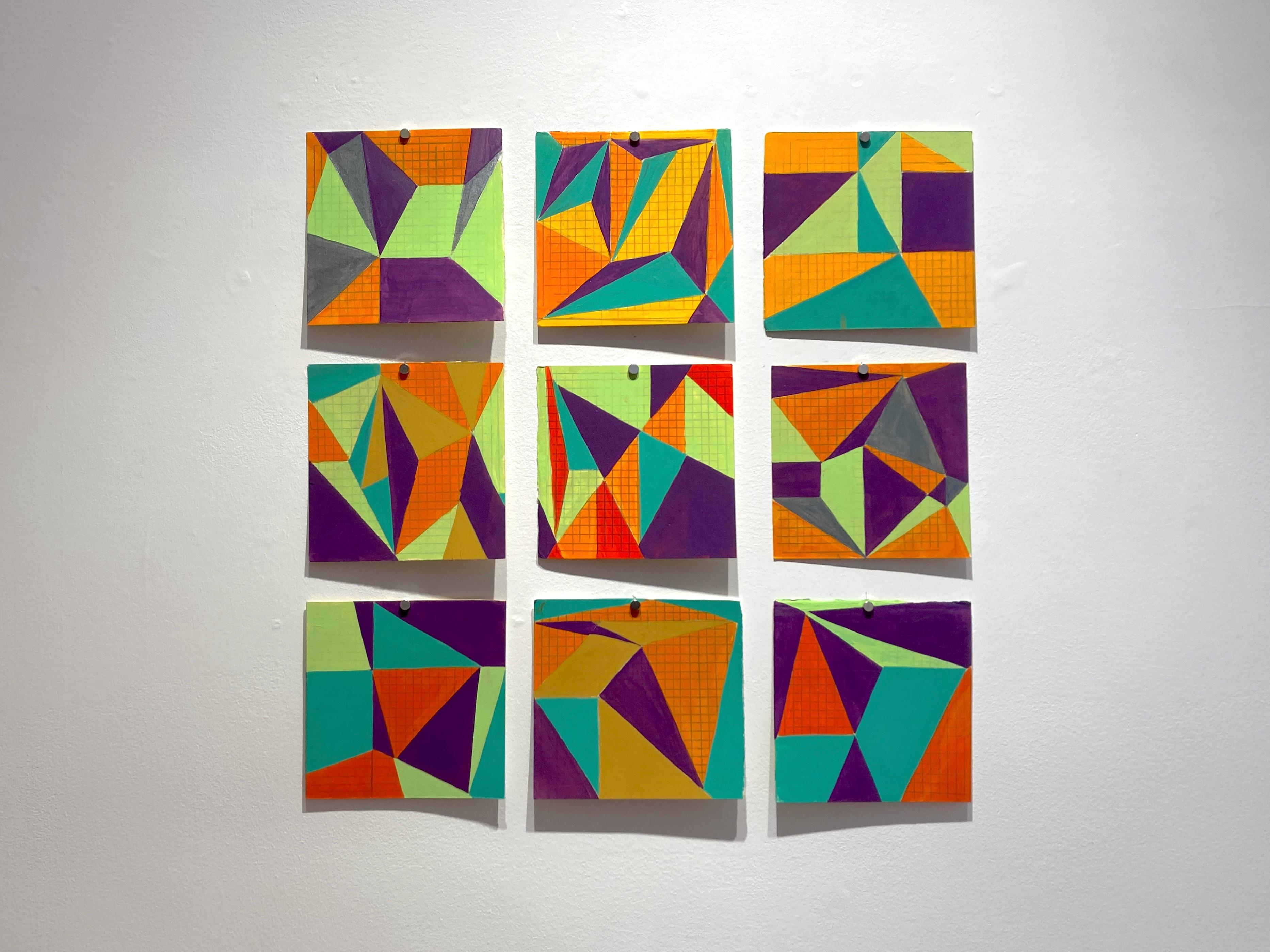 Untitled 4, abstract geometric pattern on paper, green, orange and purple - Abstract Geometric Art by Caryn Azoff