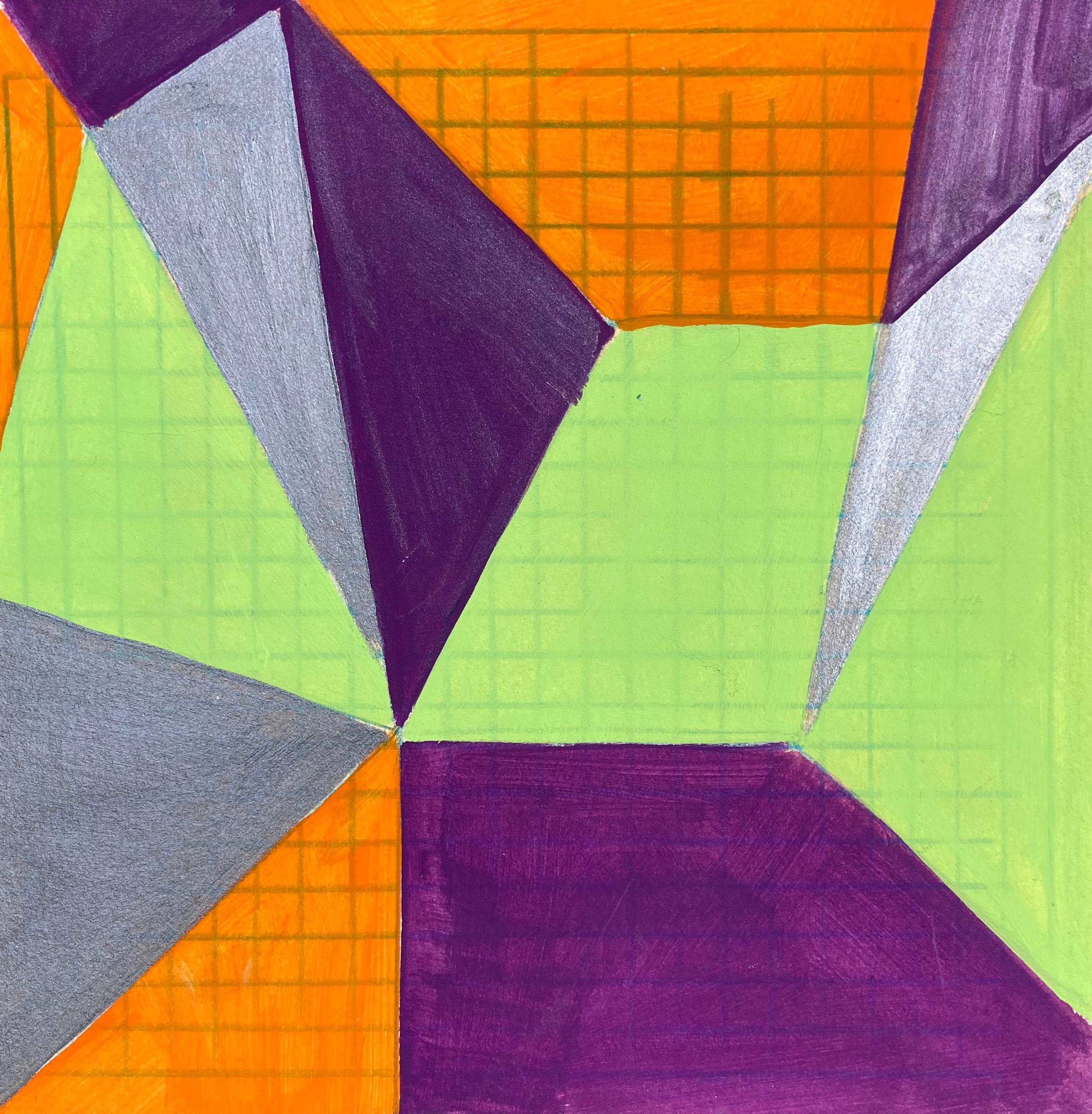 Caryn Azoff Abstract Drawing - Untitled 6, abstract geometric pattern on paper, green, orange and purple