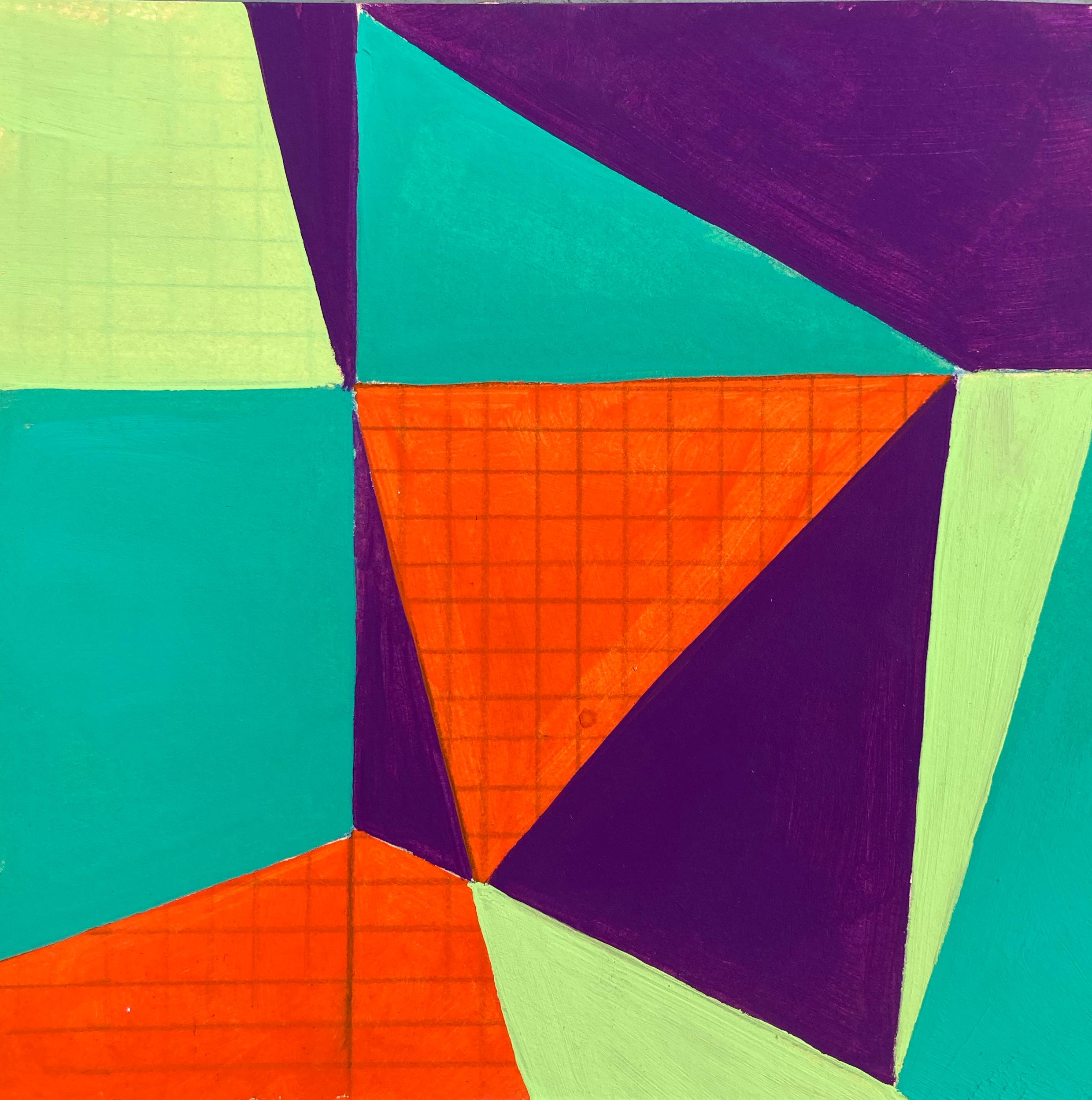 Caryn Azoff Abstract Drawing - Untitled 9, abstract geometric pattern on paper, green, orange and purple