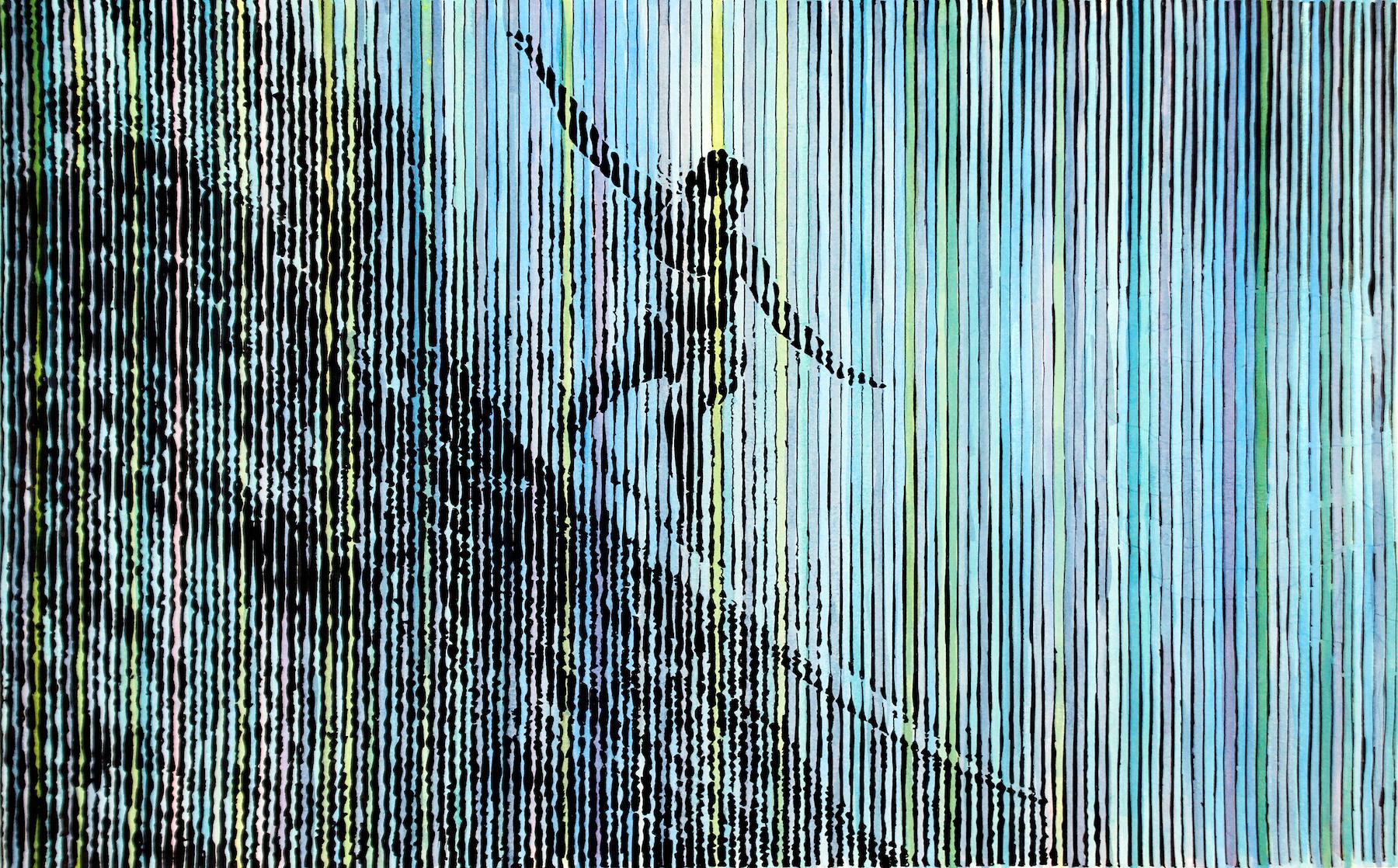 Charles Buckley Figurative Art - The Big Wave, blue and black work on paper, woman surfing, stripes