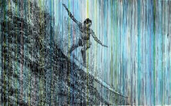 The Big Wave, blue and black work on paper, woman surfing, stripes